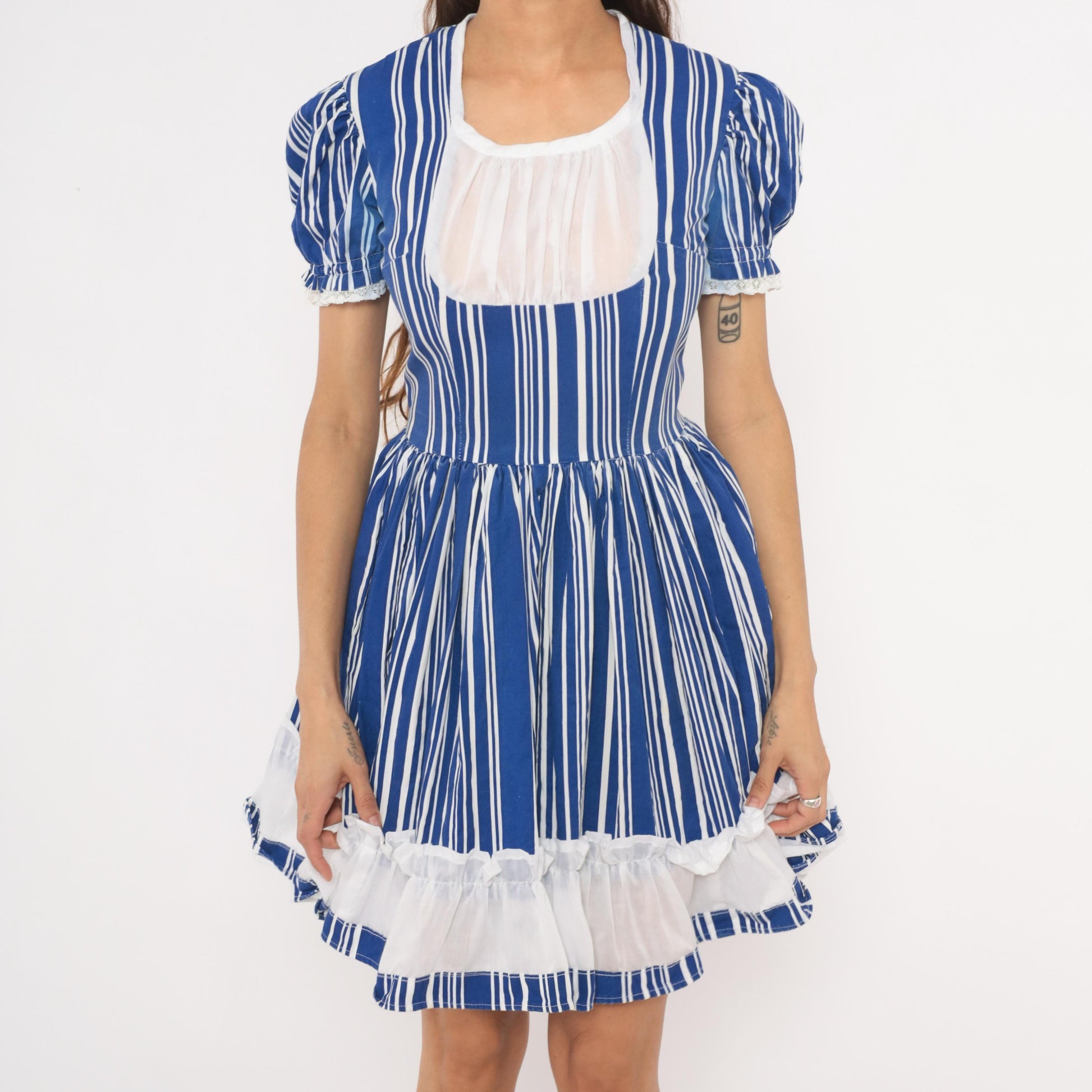 70s Striped Puff Sleeve Mini Dress Blue White Cotton Gathered Skirt Small S