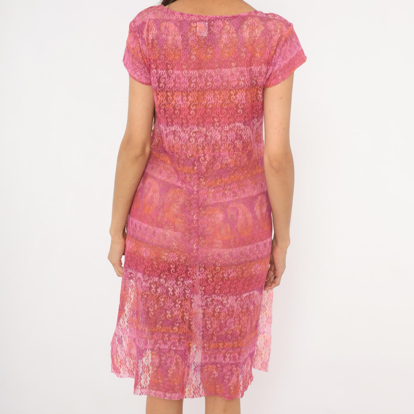 2000s Pink Ombre Floral Lace Dress V-Neck Wrap Bodice Knee Length Extra Large
