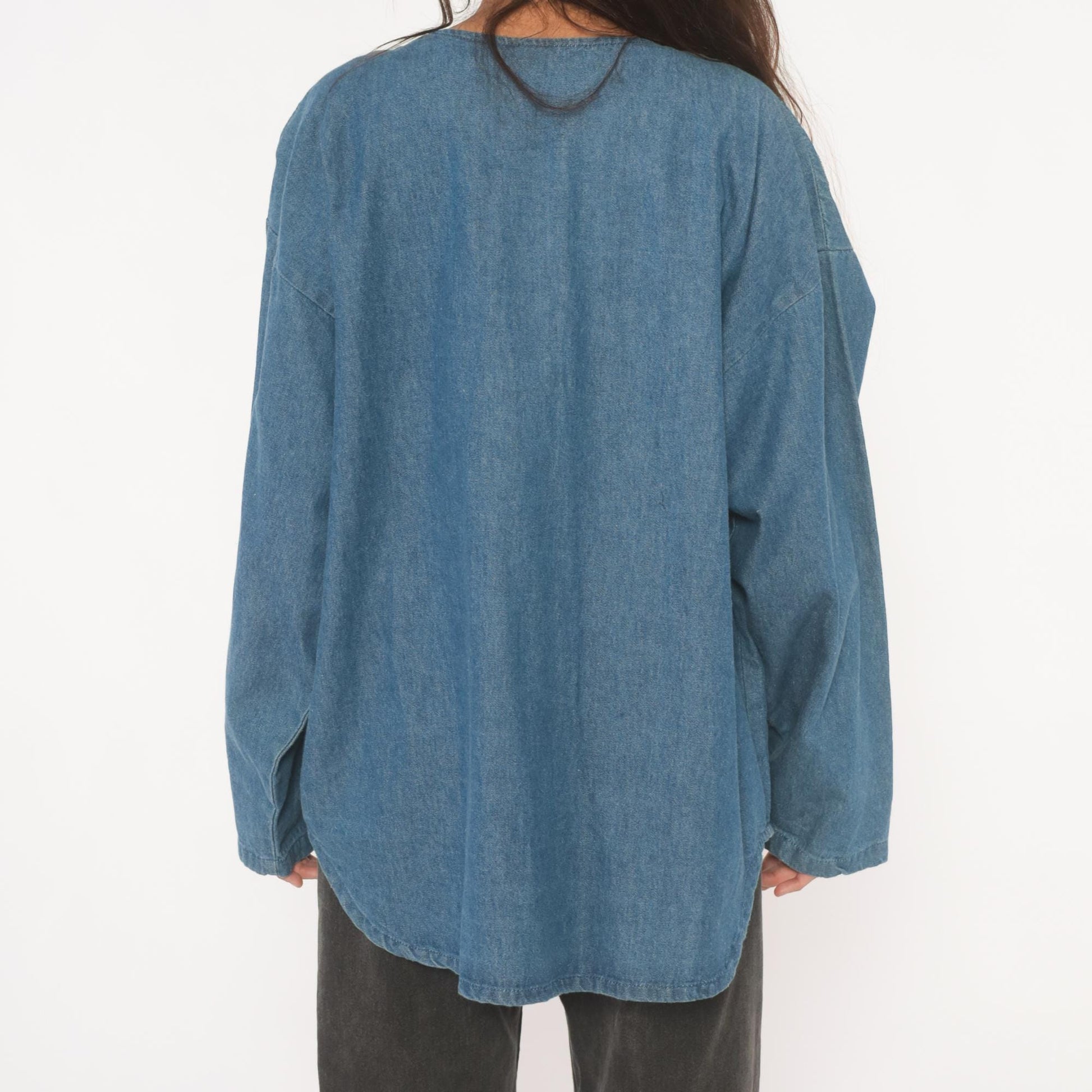 80s Western Leopard Denim Shirt Cotton Studded V-Neck Concho Fringe Large L