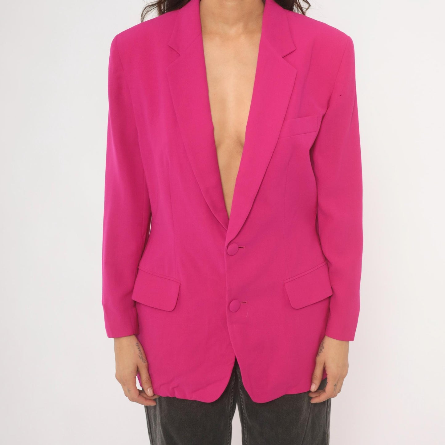 90s N. Valentino Hot Pink Wool Blazer Two-Button Structured Shoulders Medium M