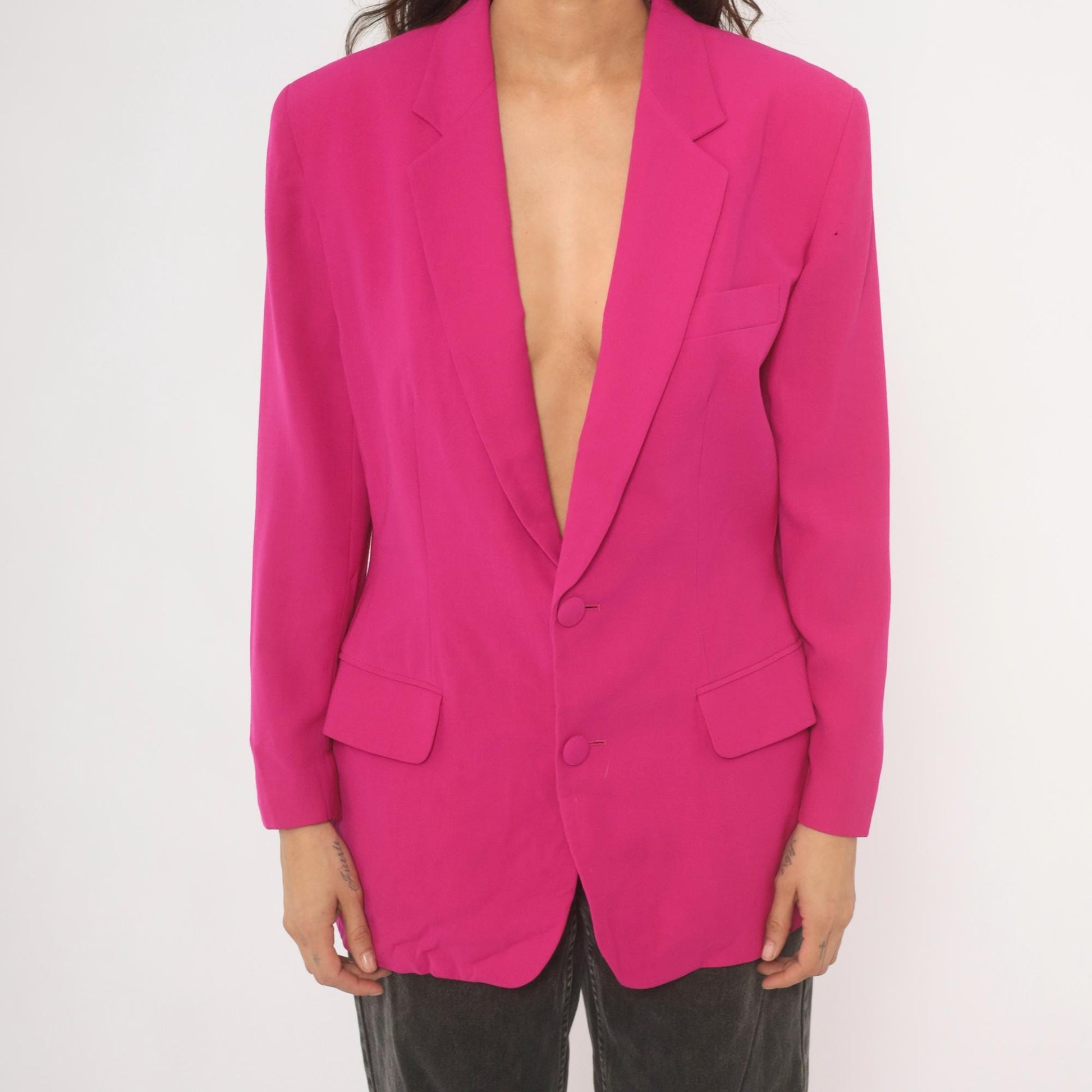 90s N. Valentino Hot Pink Wool Blazer Two-Button Structured Shoulders Medium M