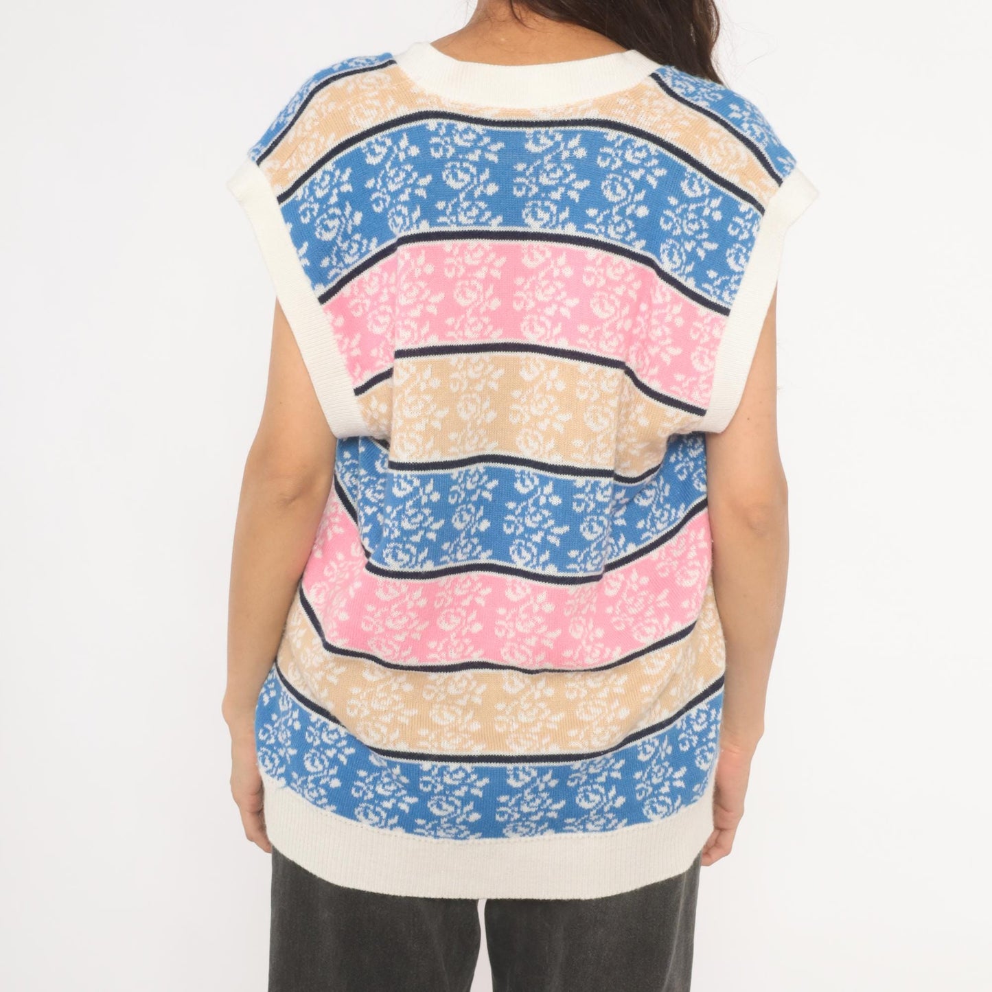 80s Floral Striped Sweater Vest V-Neck Knit Rose Print Blue Pink Cream Large