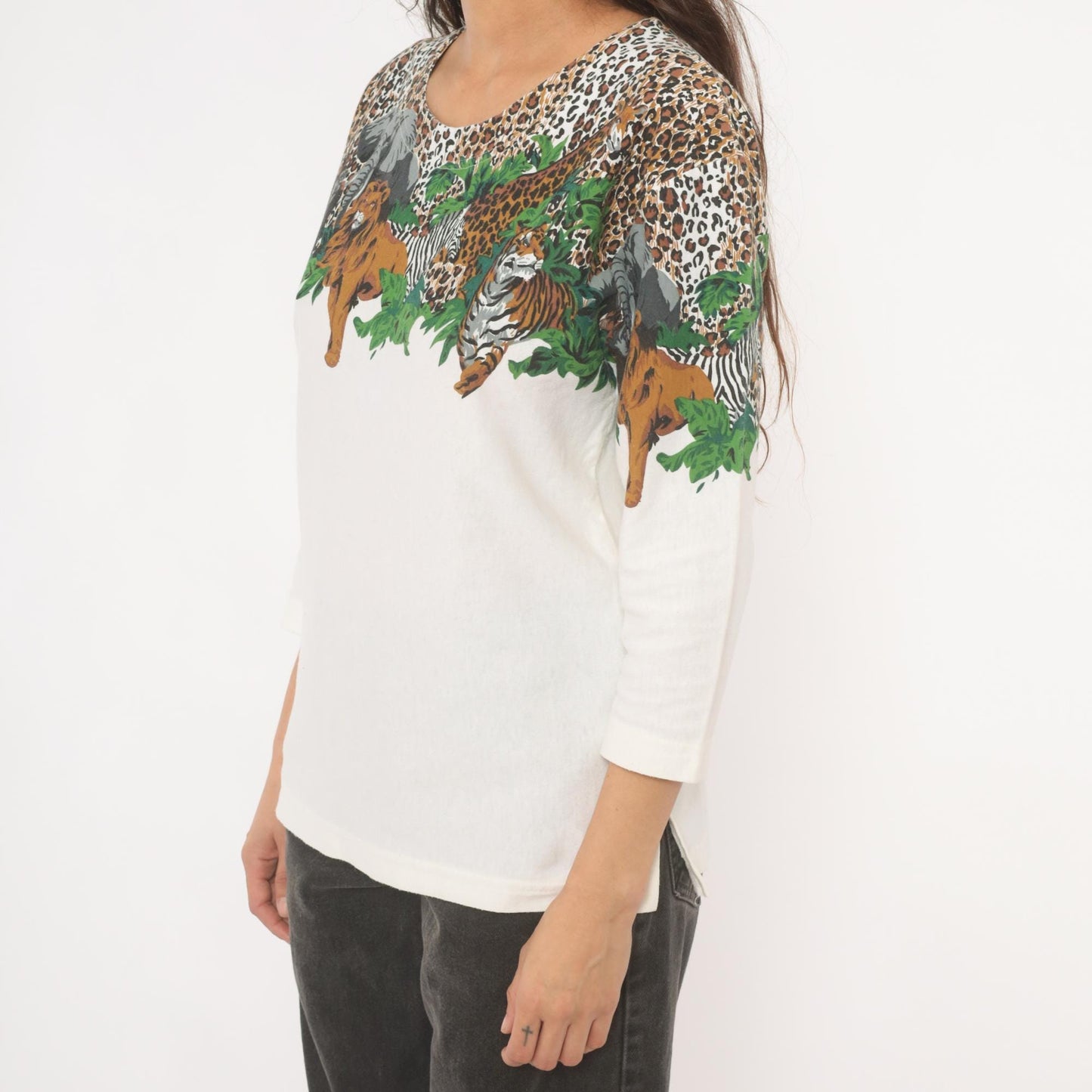 90s Enchante Sport Safari Animal Print Top Jungle Wildlife Cream Medium M