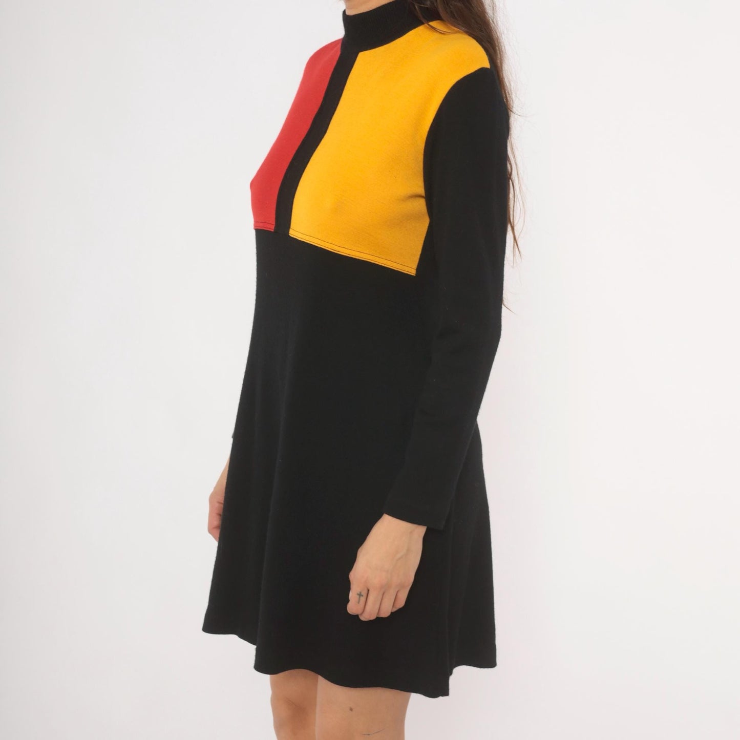 80s Karin Stevens Color Block Mini Dress Red Mustard Mock Neck Medium