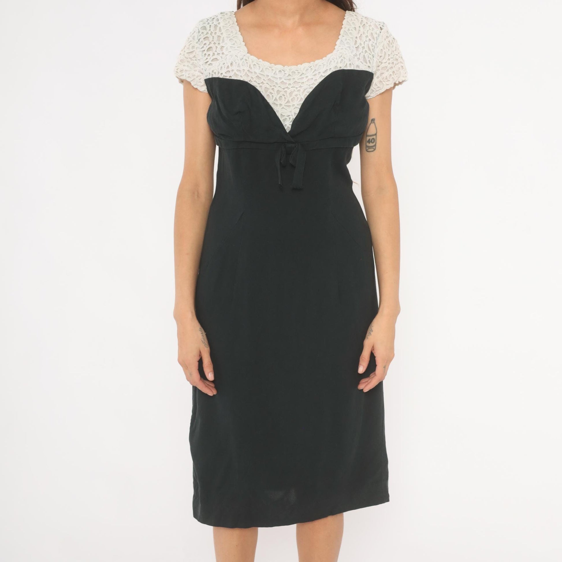 60s Black Crochet Lace Dress White Yoke Sweetheart Neckline Bow Empire Waist Medium M