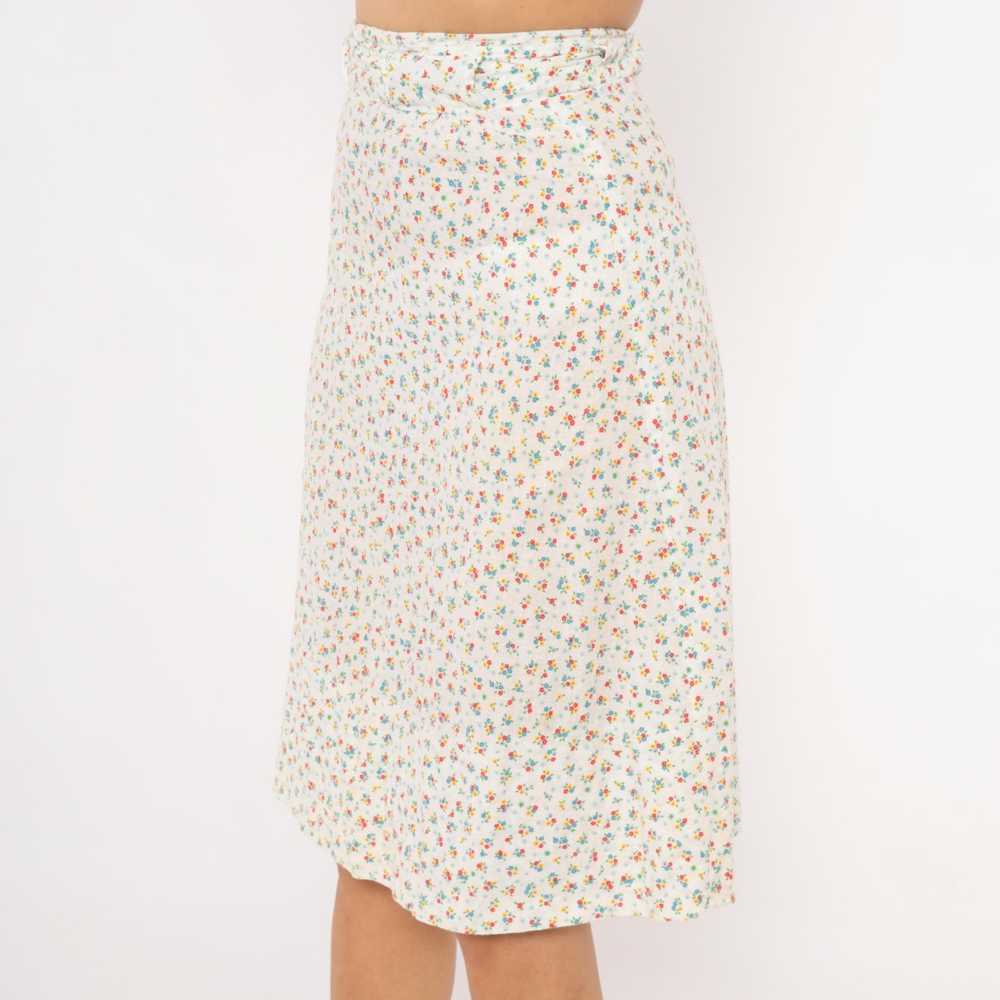 1960s Ditsy Floral A-Line Skirt White Calico Cotton Blend Small S