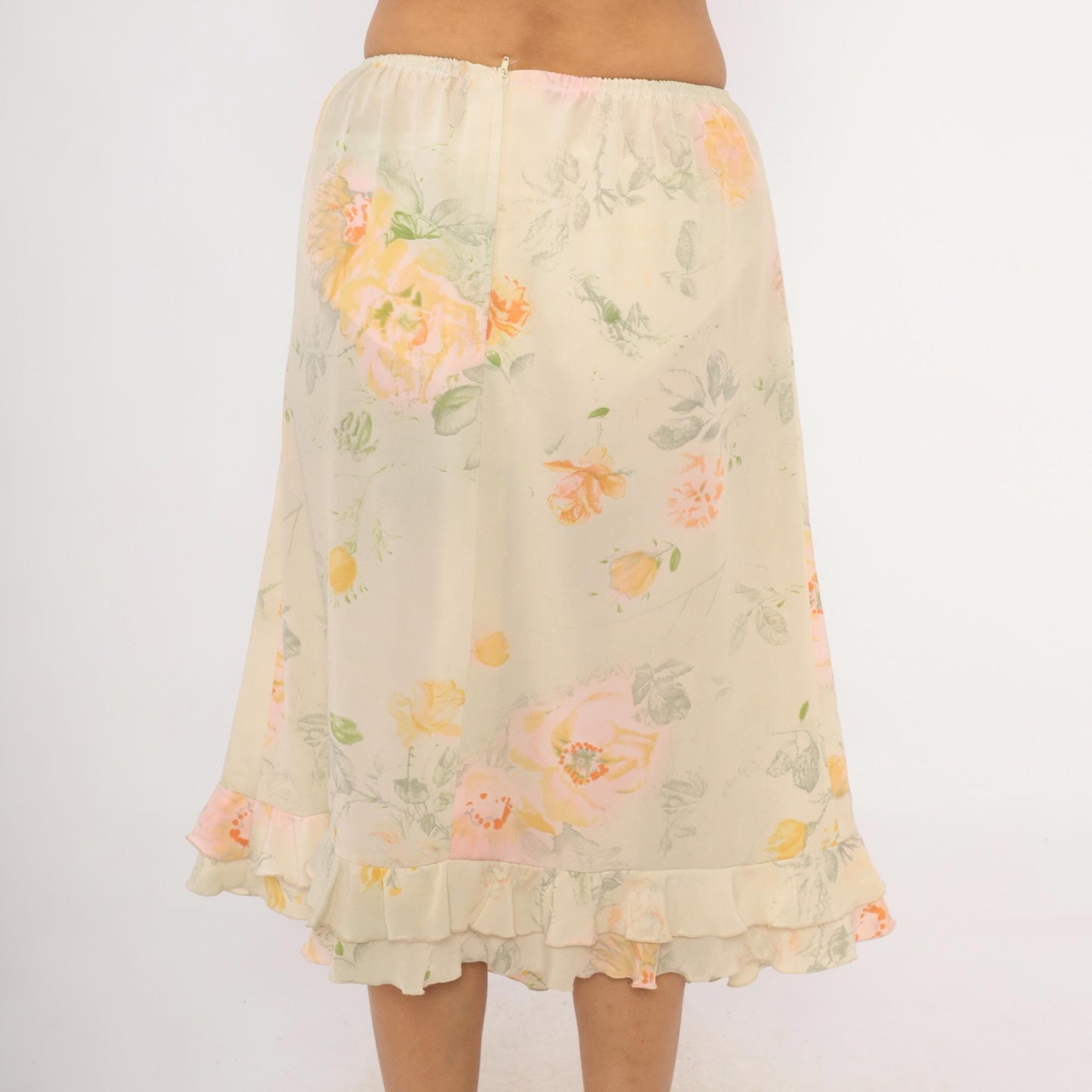 90s Watercolor Floral Midi Skirt Ruffle Hem Cream Peach Sage Green Small