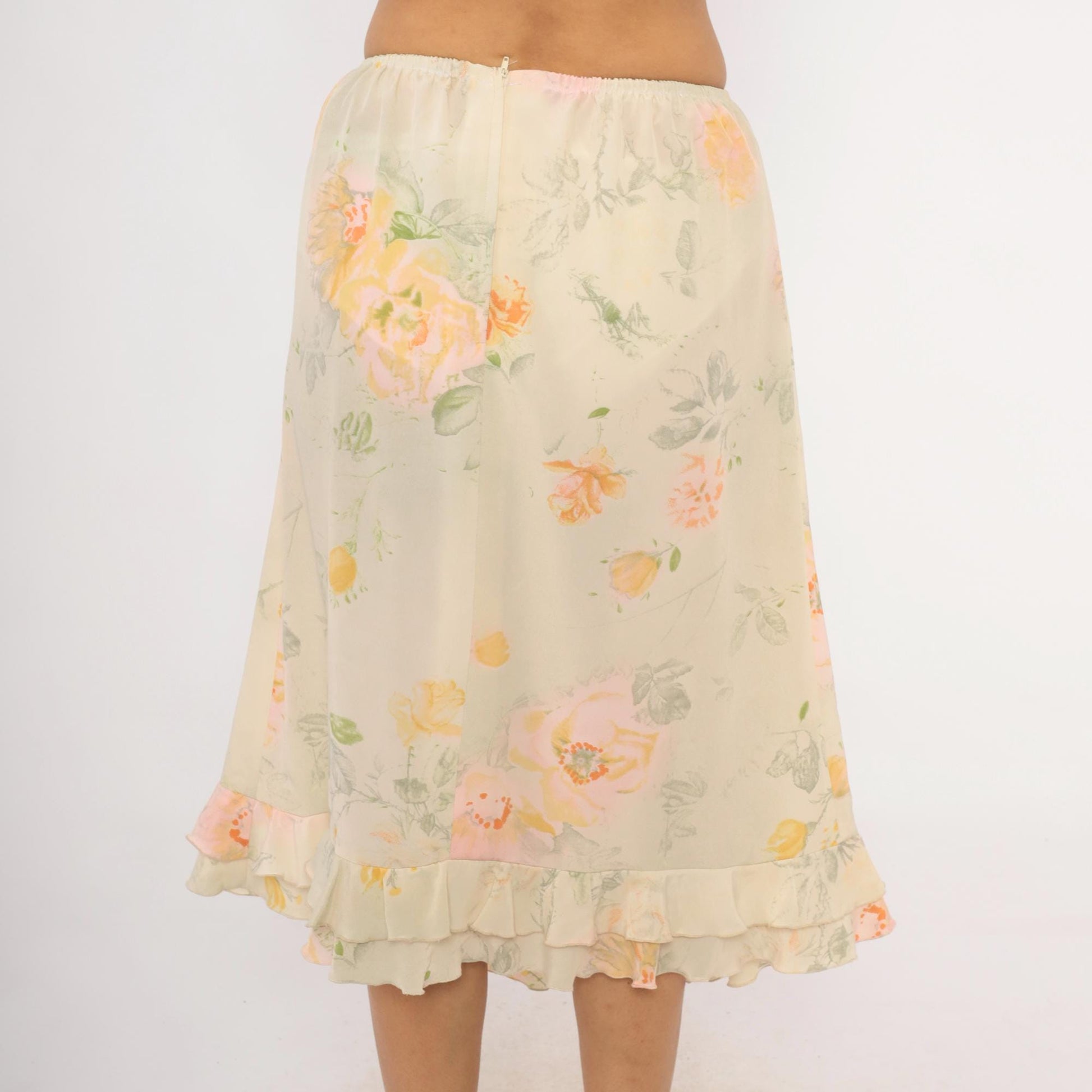 90s Watercolor Floral Midi Skirt Ruffle Hem Cream Peach Sage Green Small