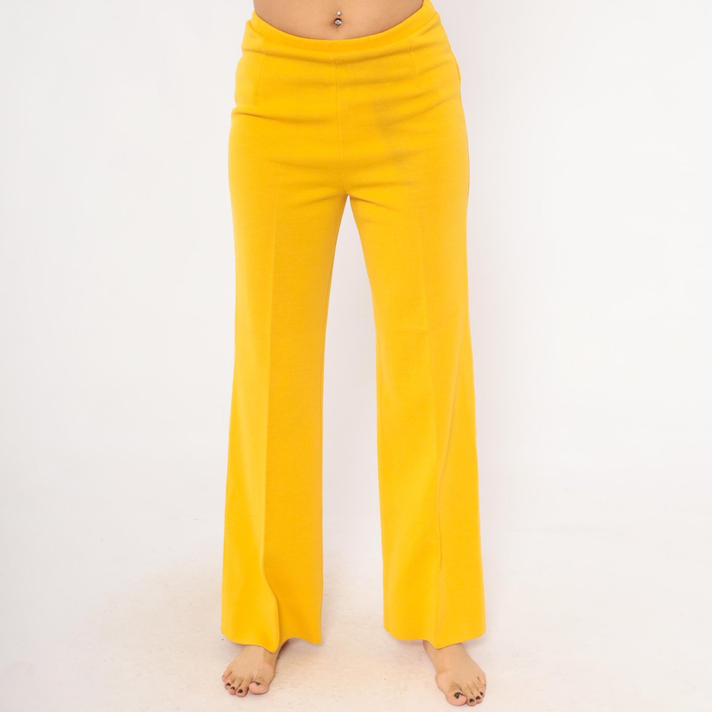 70s Mustard Wide Leg Trousers Pull-On Wool Blend High Waist Straight Leg Large L