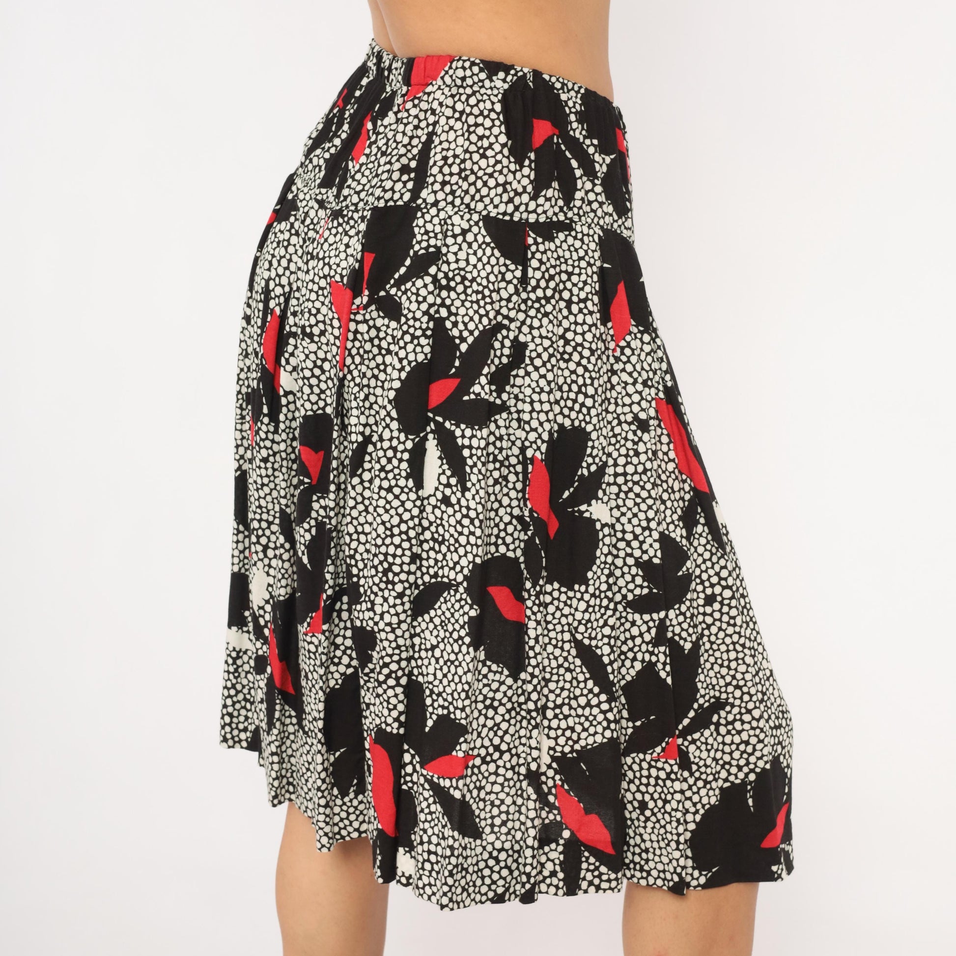 90s Jon Woods Midi Skirt Black White Floral Red Abstract Dotted Medium M