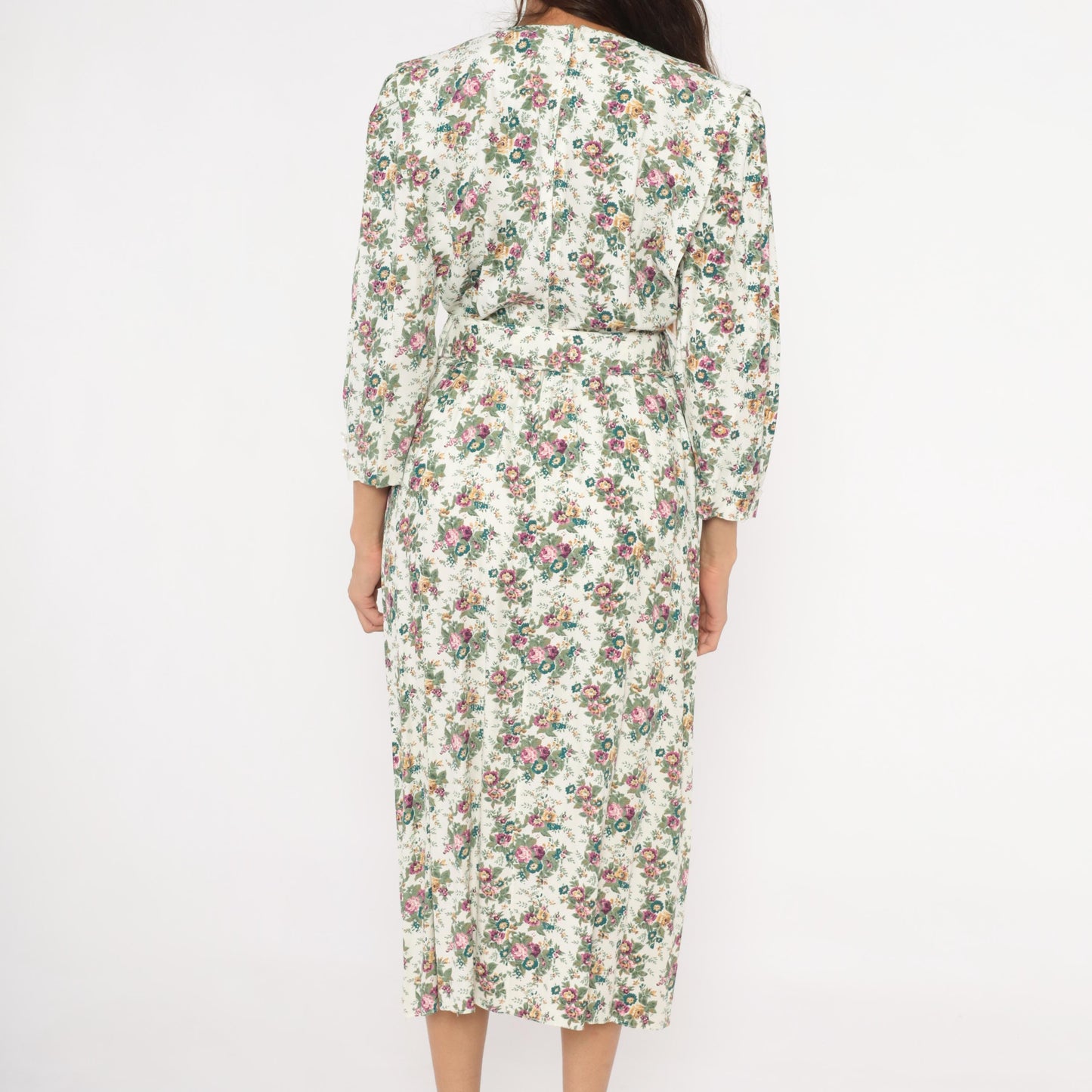 90s SL Fashions Floral Midi Dress Lace Collar V Neck Belted Gold Buckle Medium M