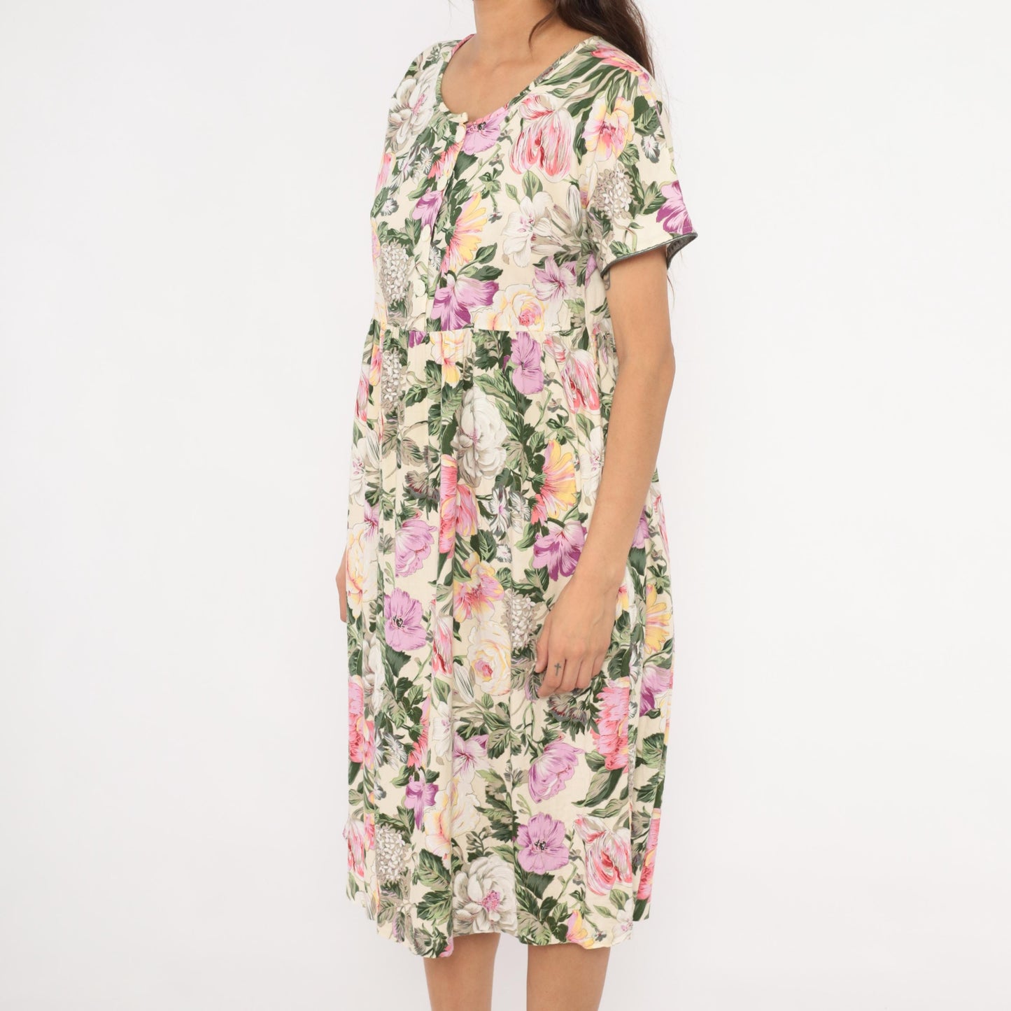 90s Day In Day Out Floral Midi Dress Cream Pink Garden Print Cotton Medium M