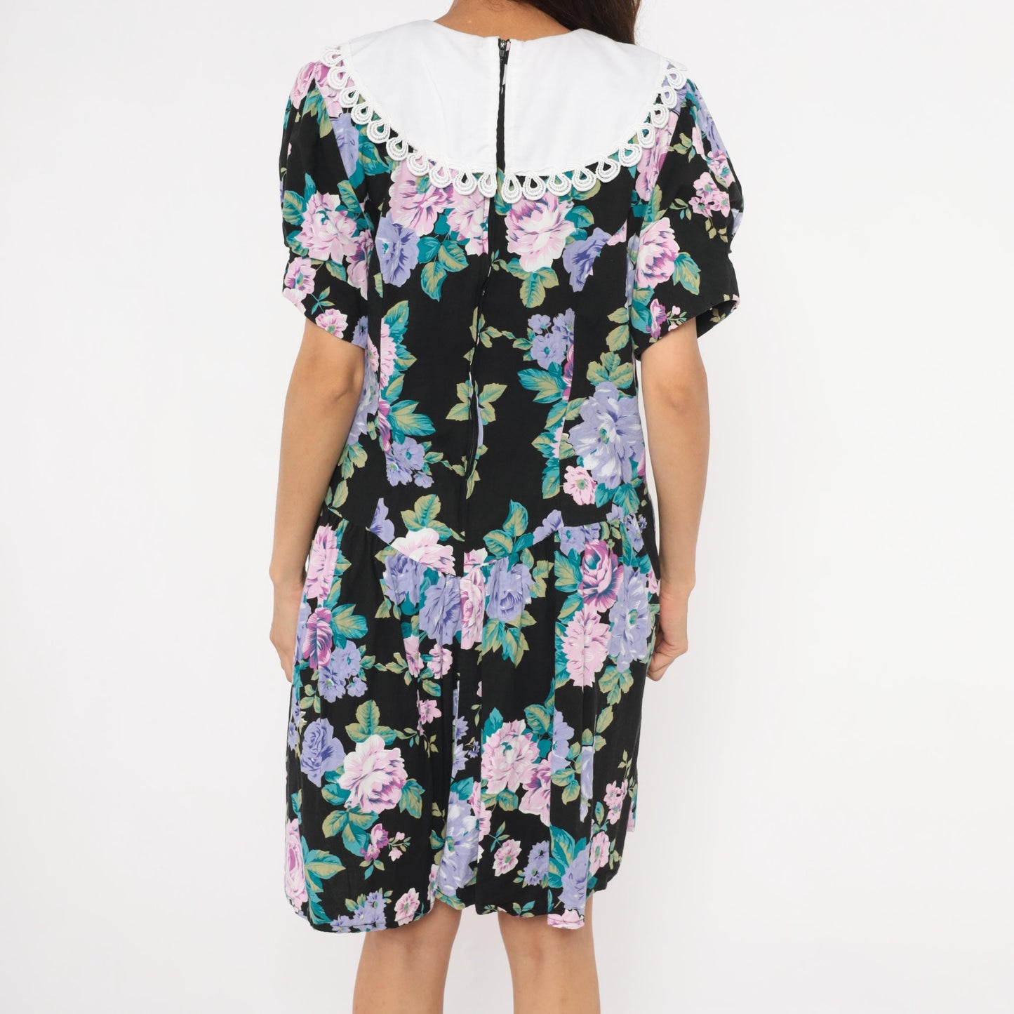 90s Ms. Basia California Floral Drop Waist Dress Black Rose Print Knee Length Large