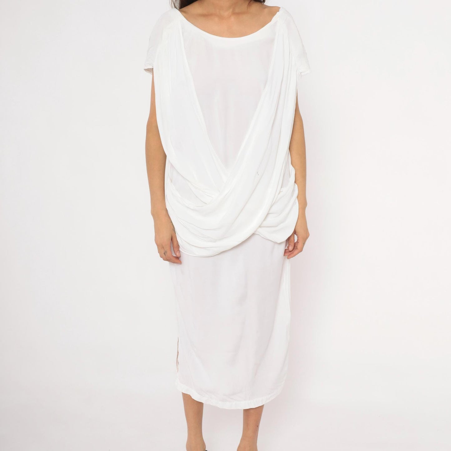 80s Police File White Grecian Midi Dress Cowl Drape Low Back Large L