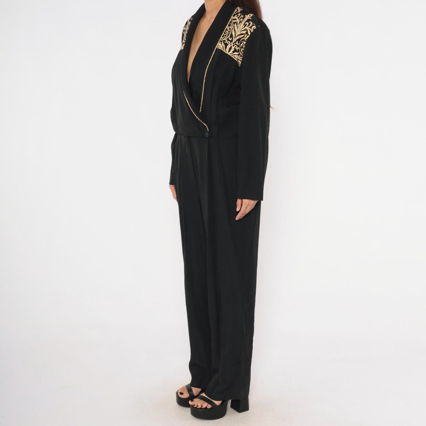 80s John Roberts Black Jumpsuit Gold Embroidered Shawl Collar Wide Leg Large L