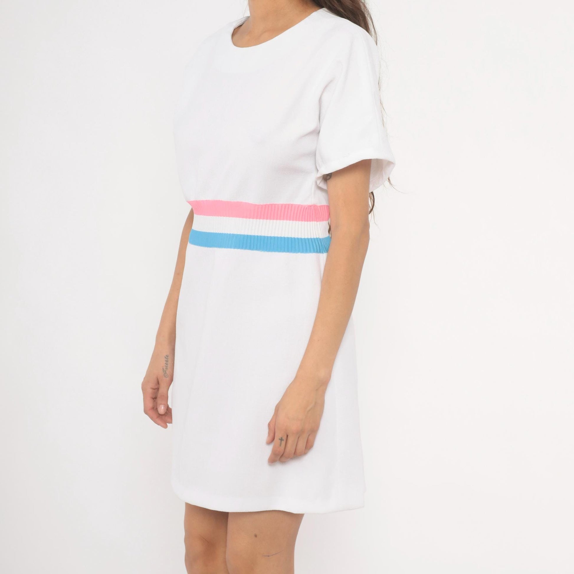 70s White Striped Ribbed Knit Pullover Dress Pink Blue A-Line Knee Length Large L