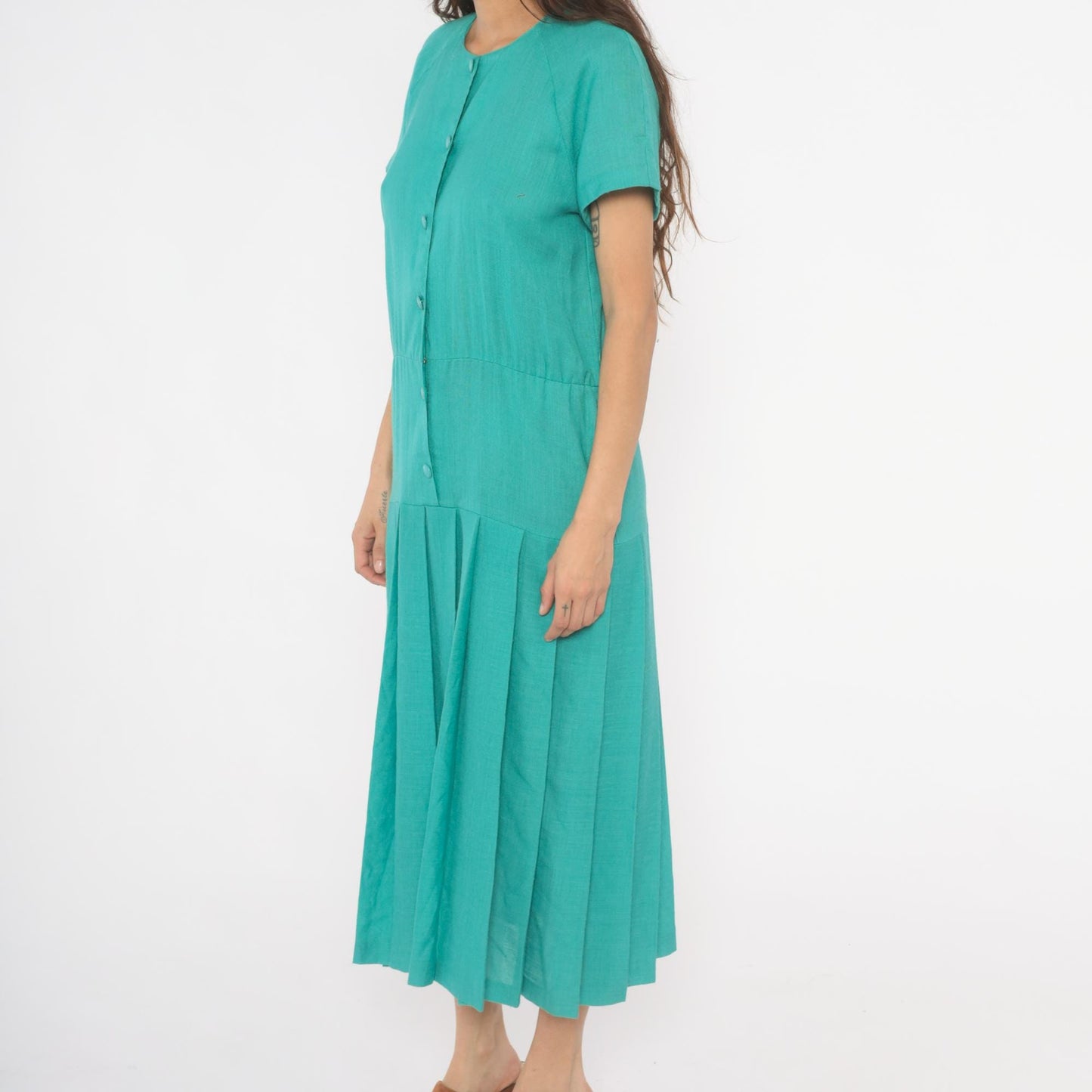 80s Sabino Teal Midi Dress Button Front Drop Waist Pleated Raglan Large L