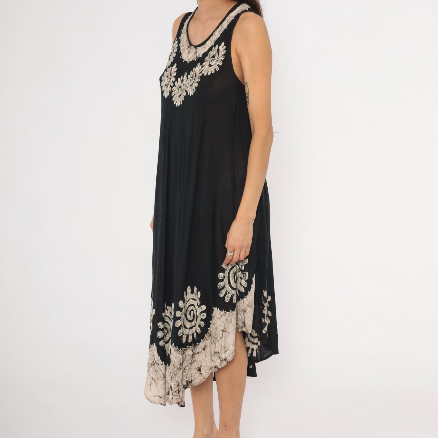 90s Black Batik Maxi Dress Cream Spiral Embroidered Trapeze Tank Medium