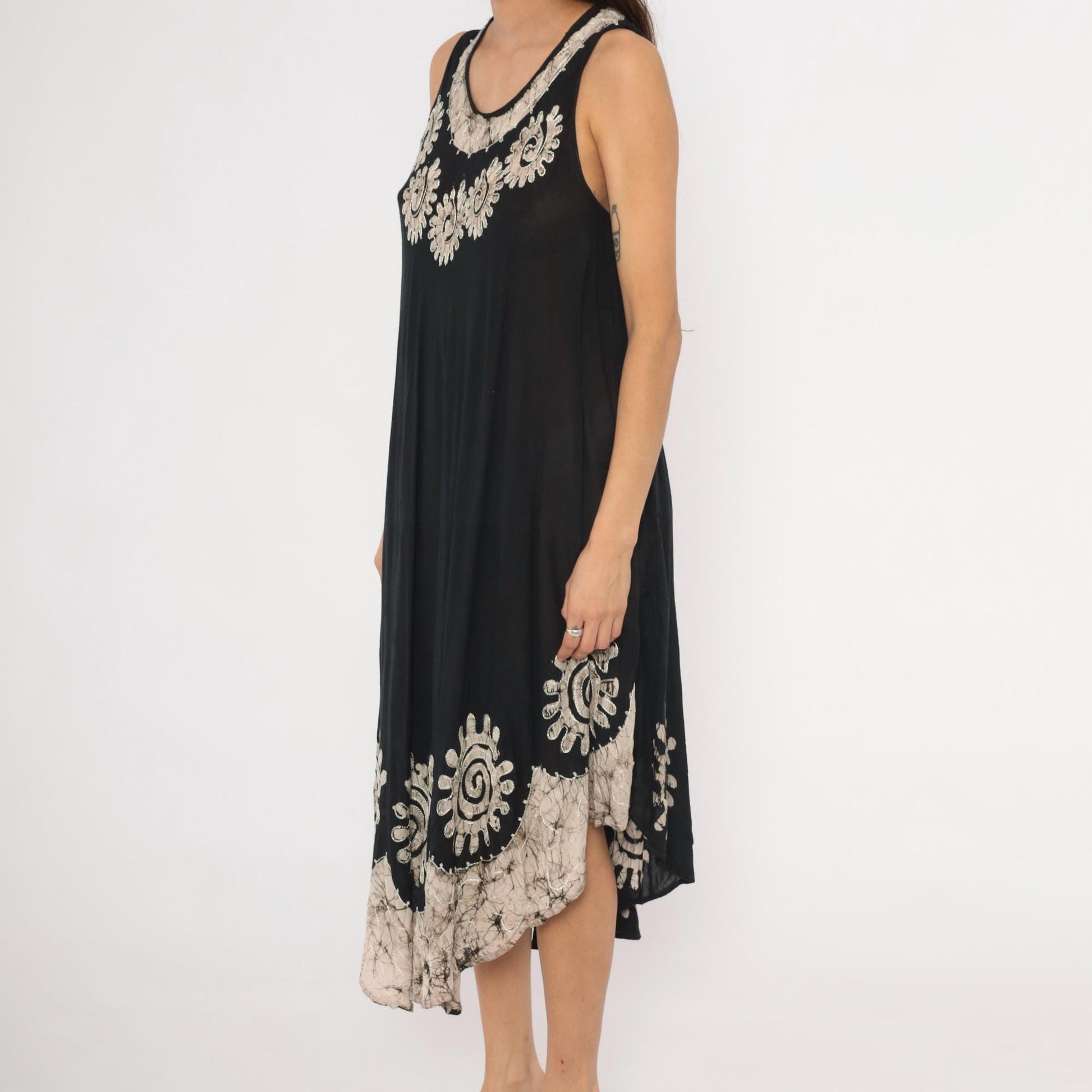 90s Black Batik Maxi Dress Cream Spiral Embroidered Trapeze Tank Medium