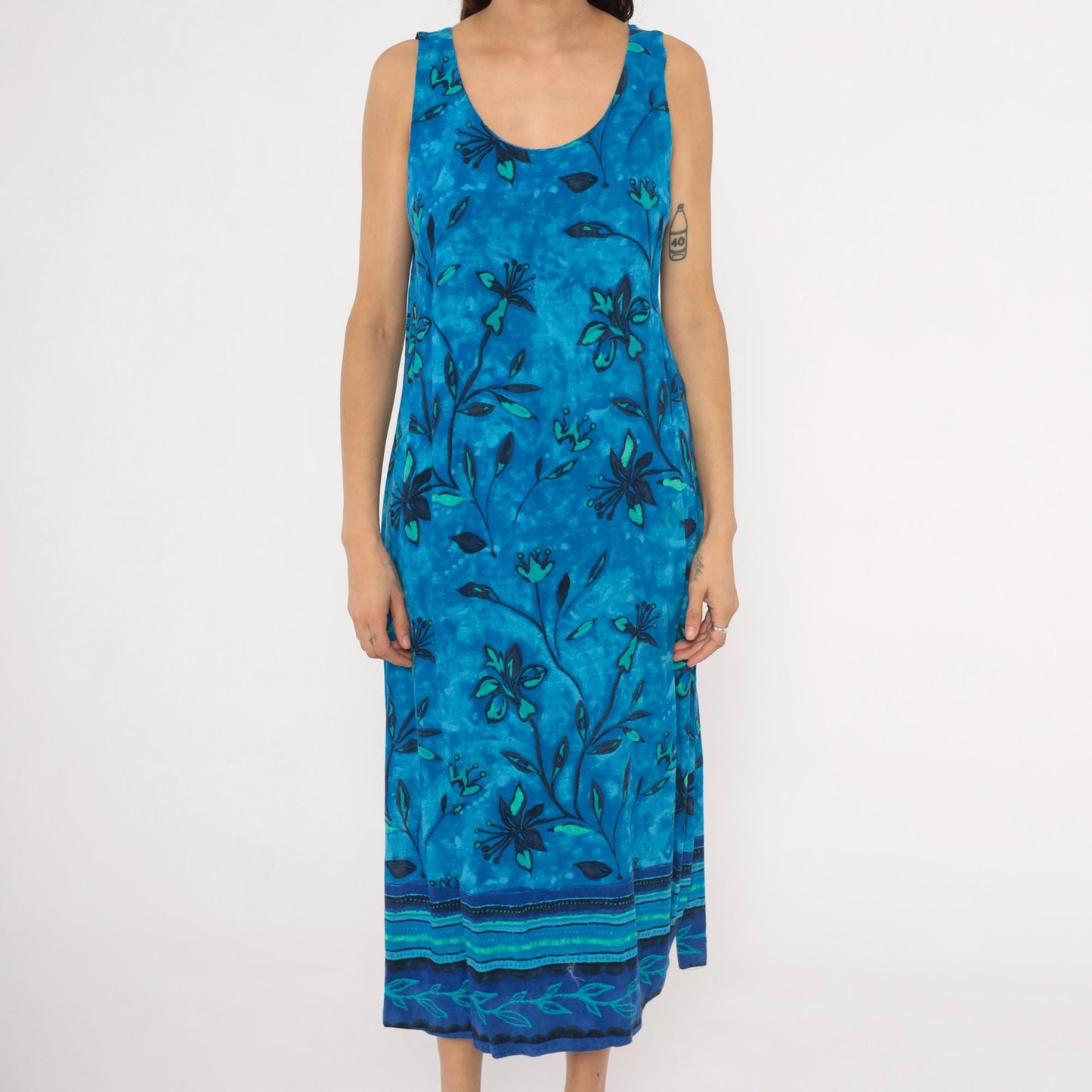 90s Worthington Blue Batik Floral Maxi Dress Tank Sleeveless Teal Navy Medium