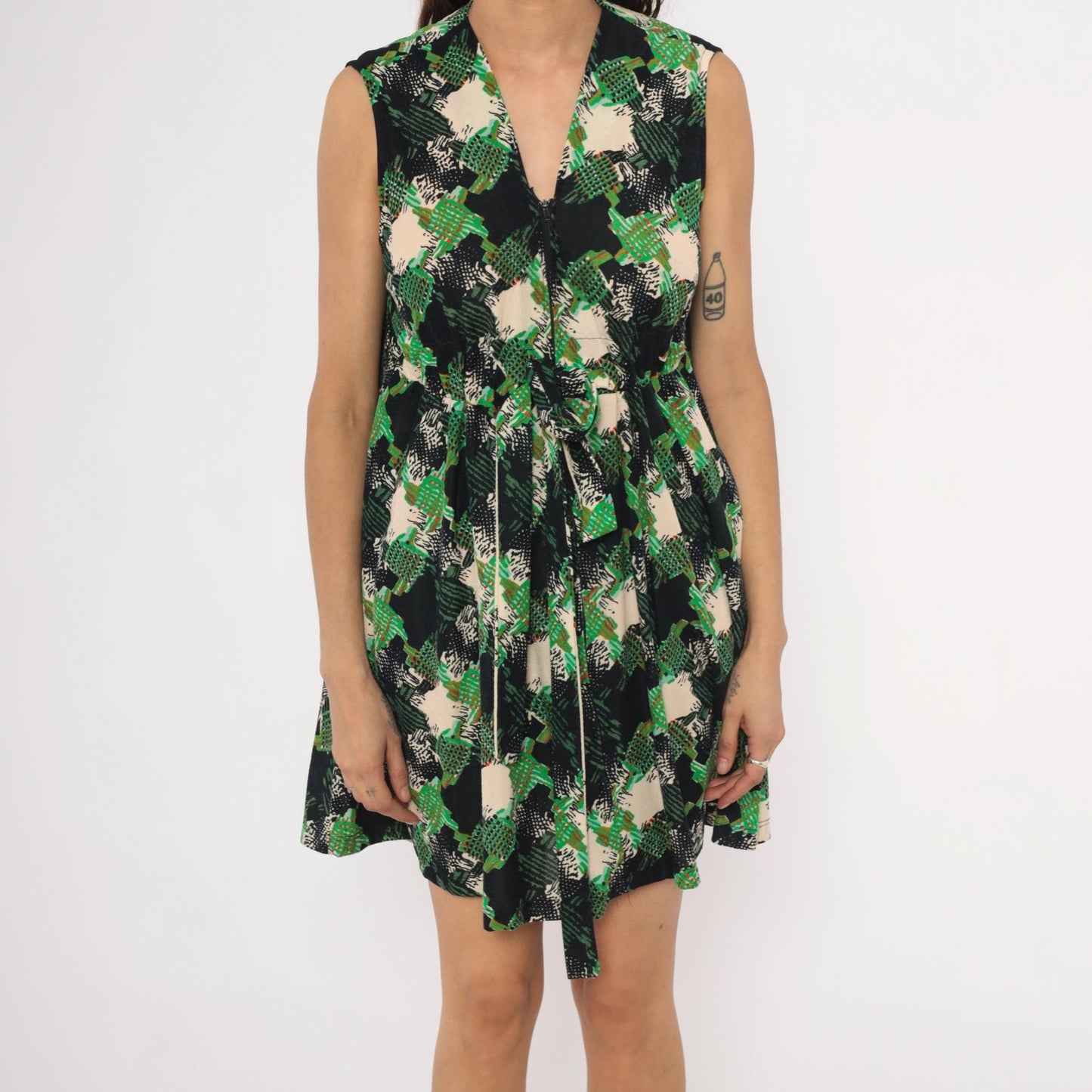 70s Psychedelic Abstract Mini Dress Green Black Cream V-Neck Sleeveless Small