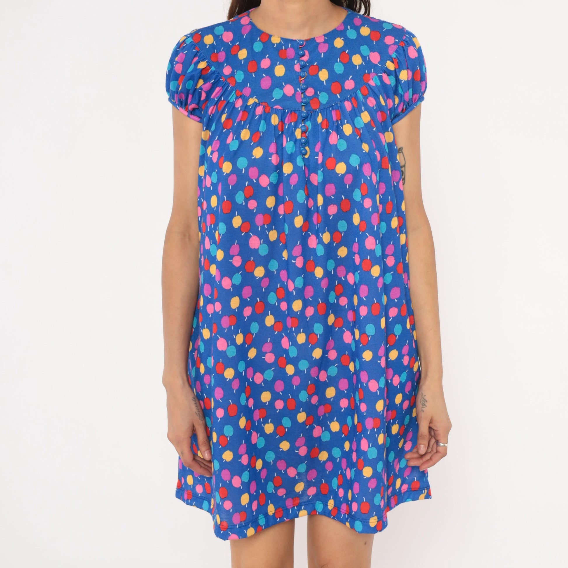 80s Lanz Originals Apple Print Babydoll Dress Blue Puff Sleeve Mini Small S