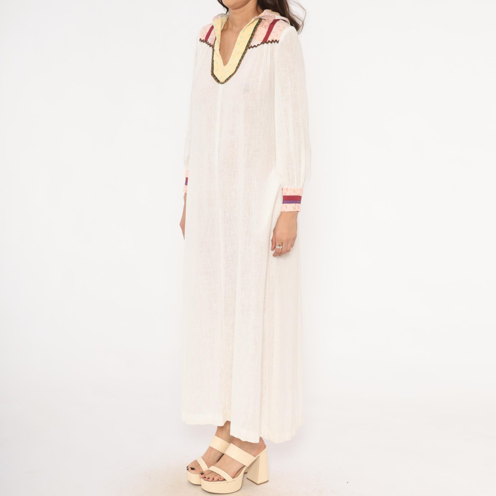 70s Patchwork Hood Maxi Dress White Linen V Neck Bishop Sleeve Small