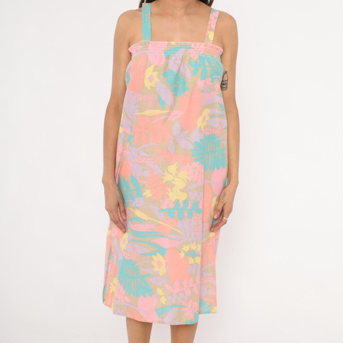 80s Tropical Floral Giraffe Sundress Pastel Coral Lavender Shift Small M