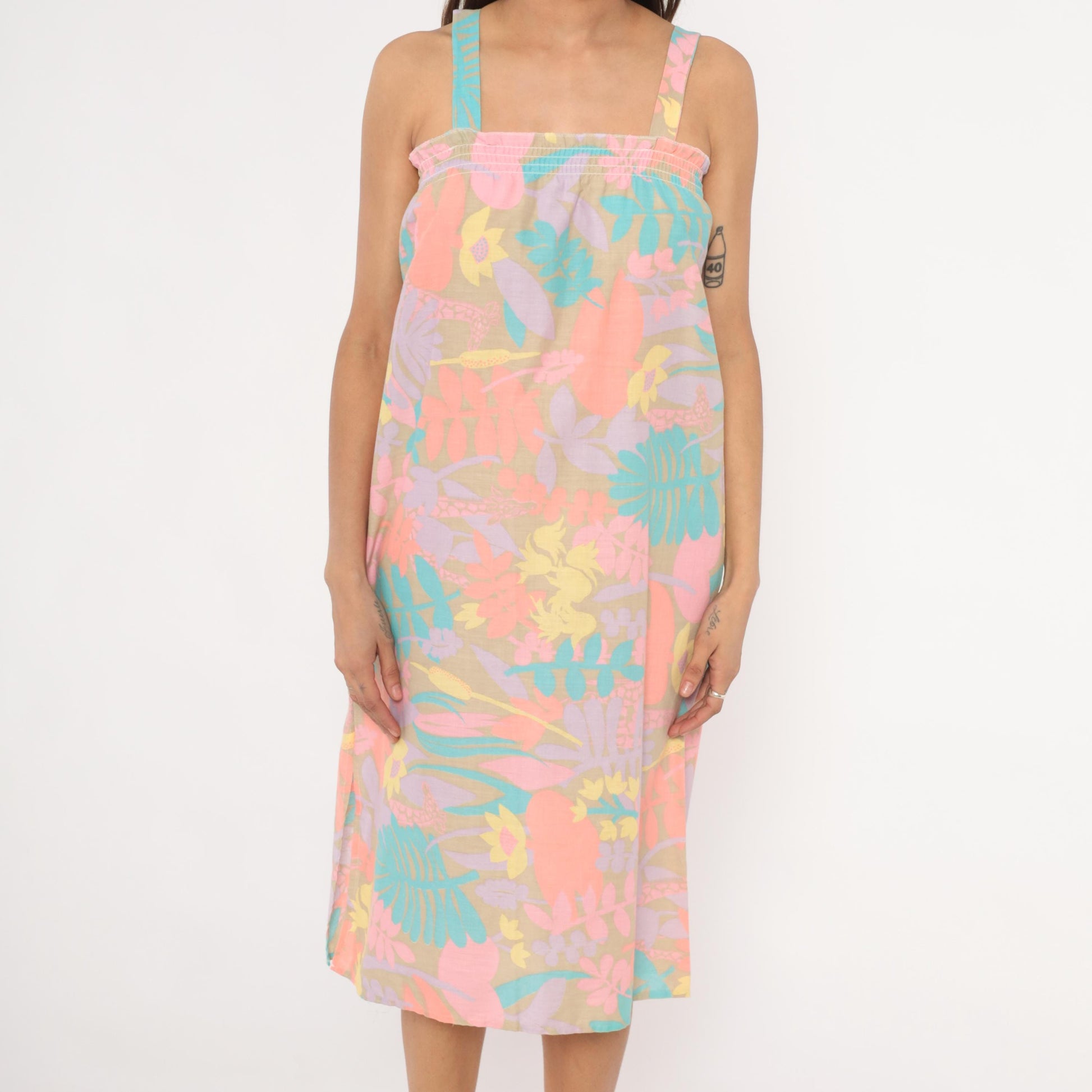 80s Tropical Floral Giraffe Sundress Pastel Coral Lavender Shift Small M