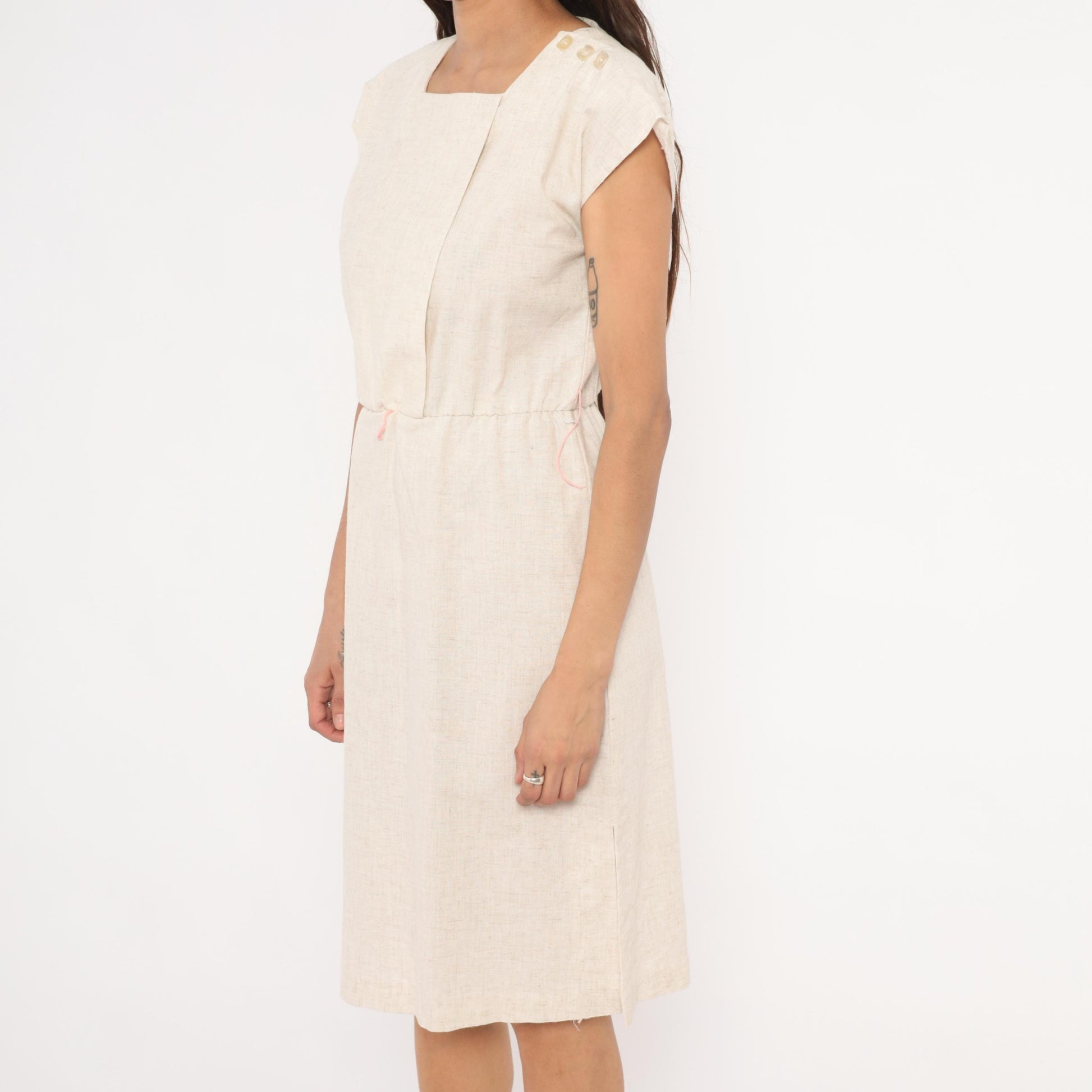 80s Oatmeal Linen Sheath Dress Square Neck Cap Sleeve Knee Length Small