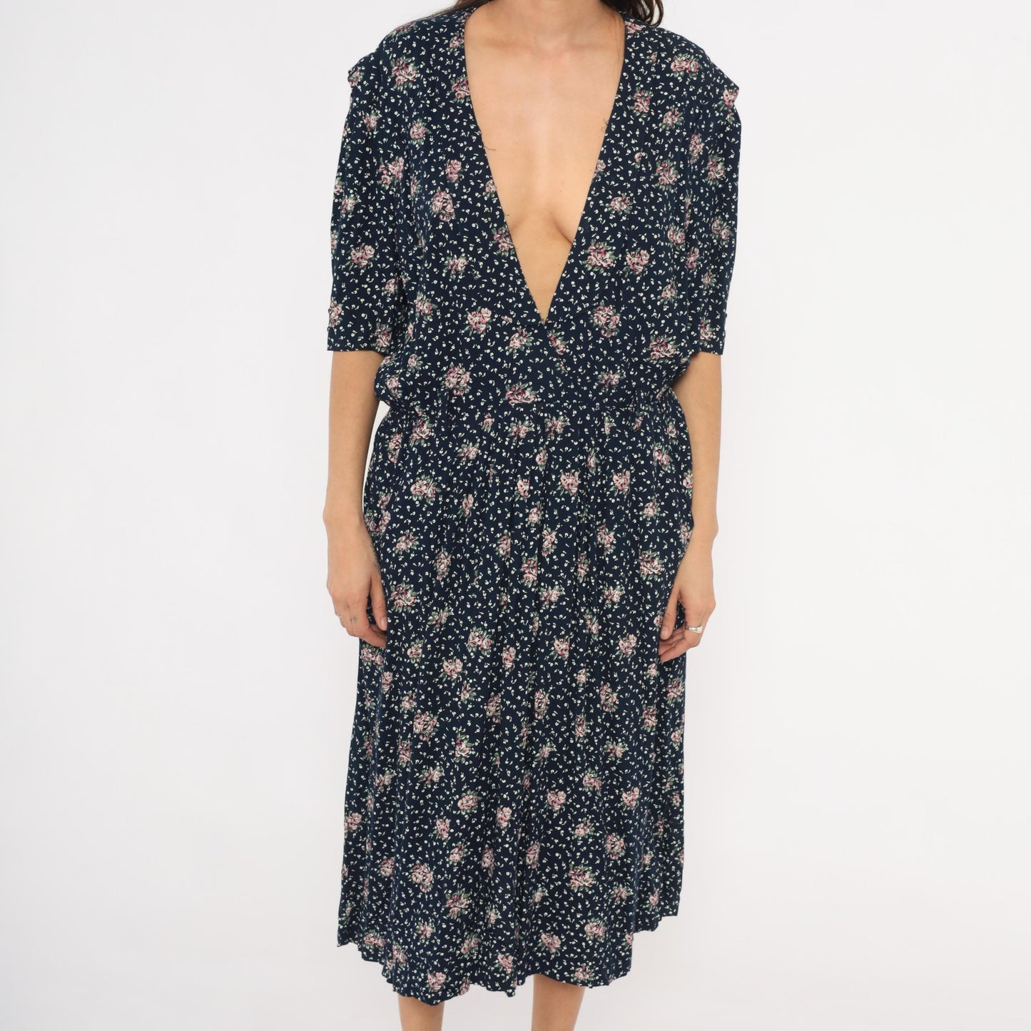 90s Navy Floral Midi Dress Pink Rose Print Deep V Neck Short Sleeve XL