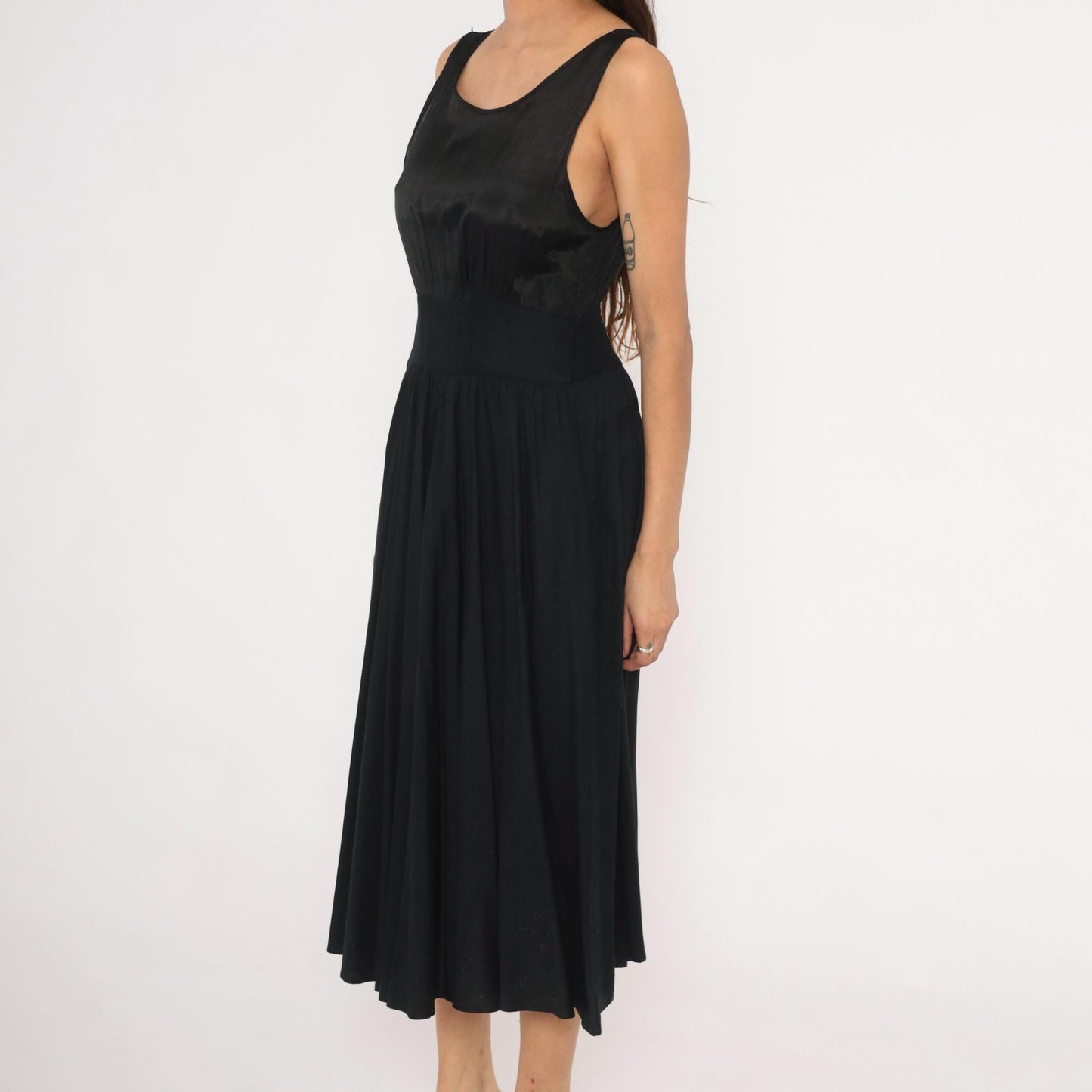 90s Black Satin Bodice Midi Dress Sleeveless Scoop Neck Flared Skirt Small