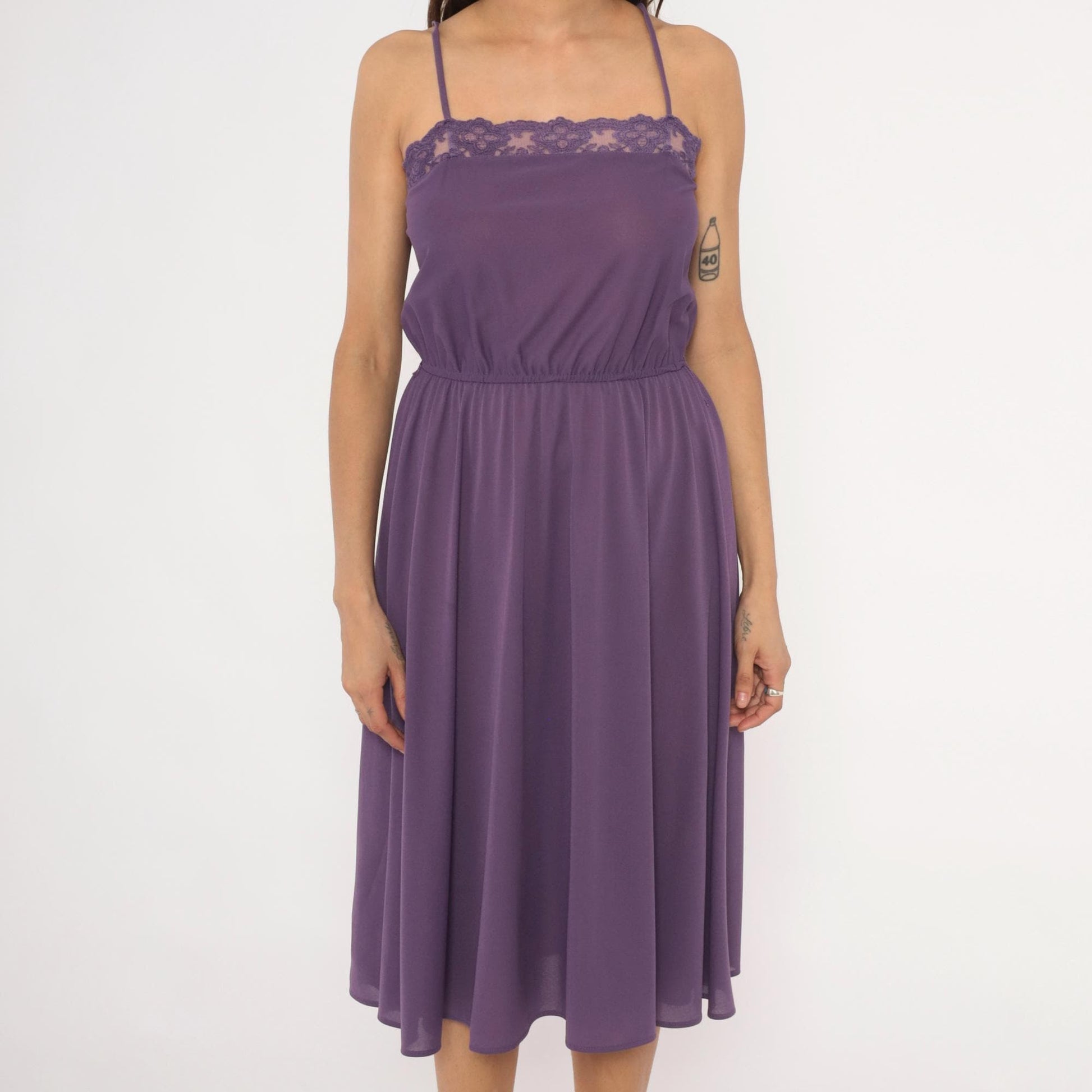70s Purple Spaghetti Strap Dress Lace Trim Knee Length A-Line Small