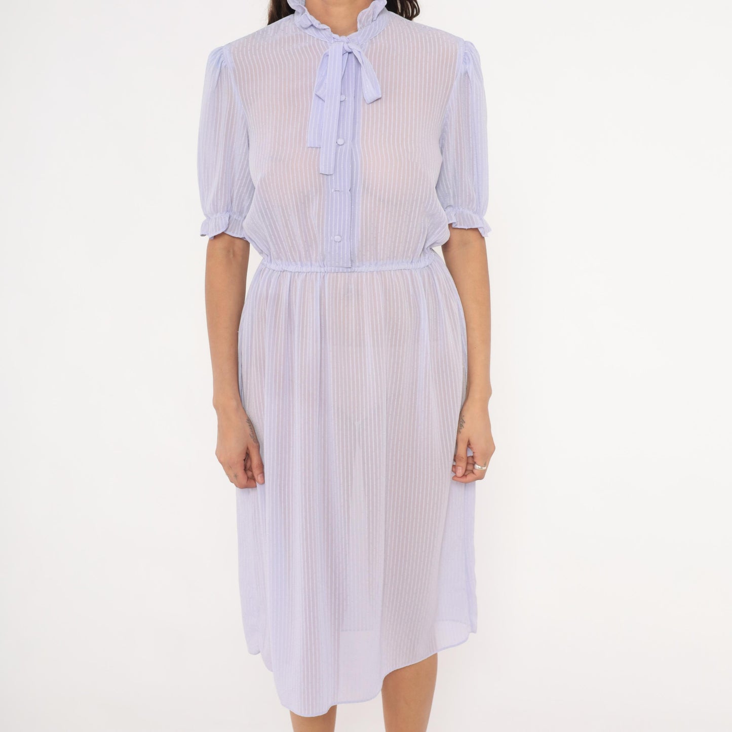 80s Lavender Sheer Stripe Dress Puff Sleeve Bow Tie Ruffle Collar Small