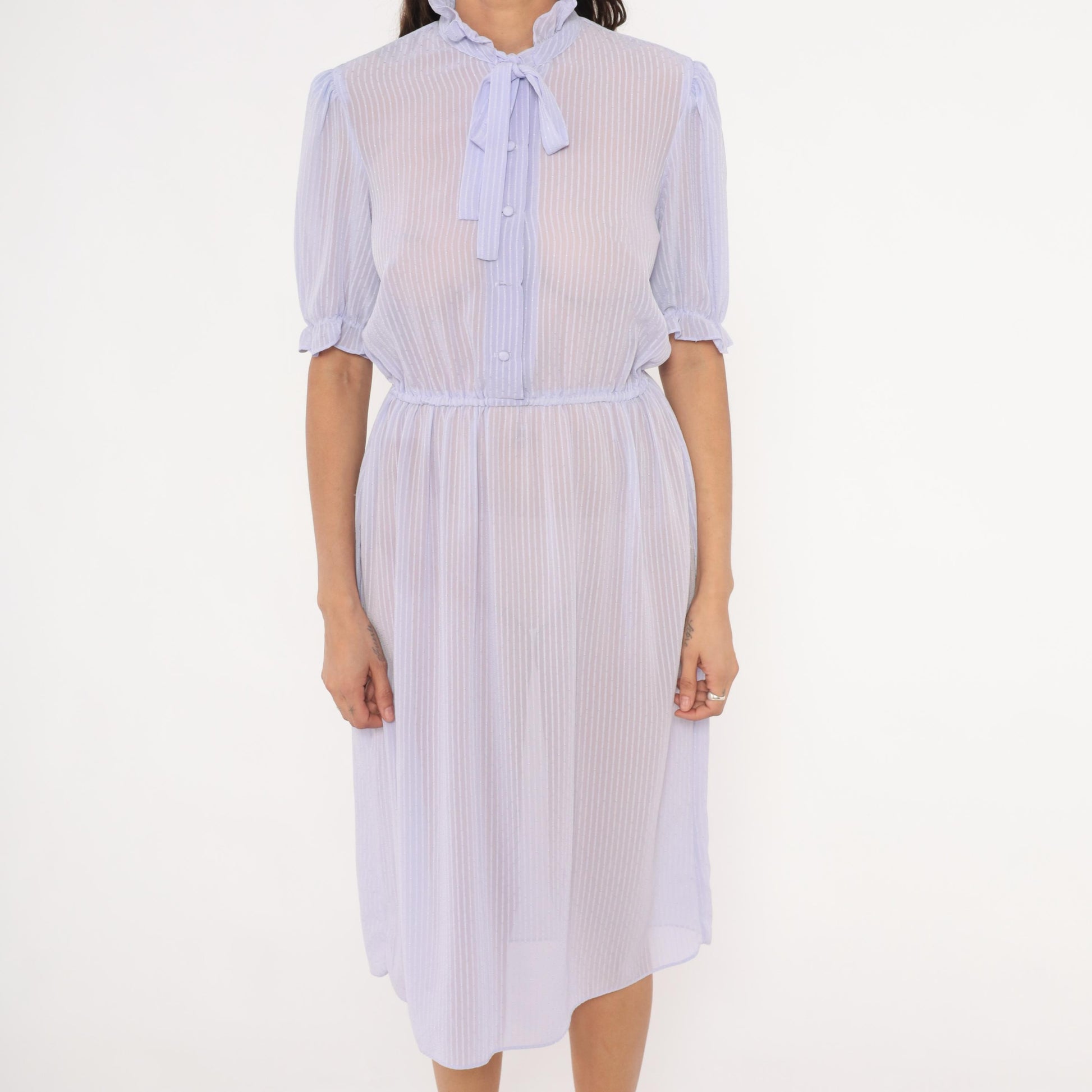 80s Lavender Sheer Stripe Dress Puff Sleeve Bow Tie Ruffle Collar Small