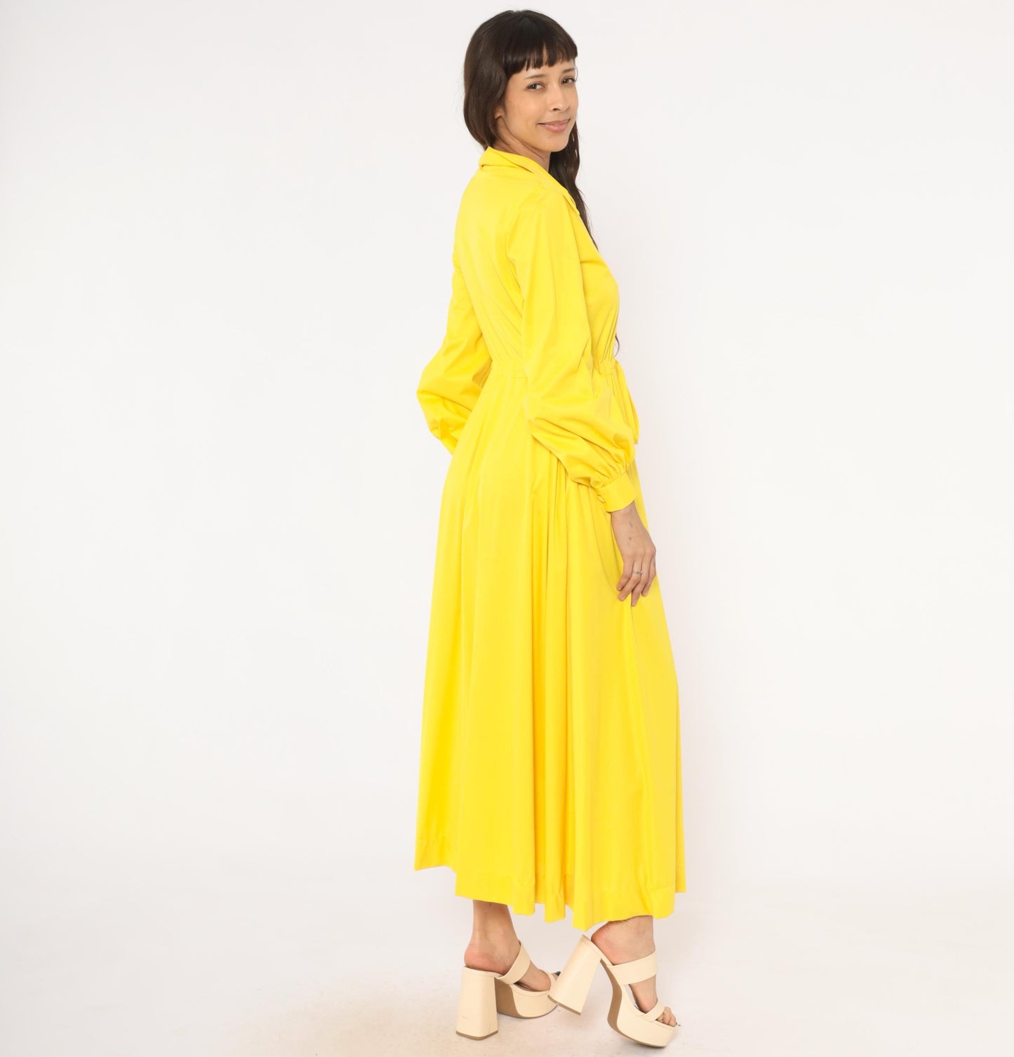 70s Vanity Fair Yellow Maxi Dress Balloon Sleeve Zip Front Gathered Skirt Medium