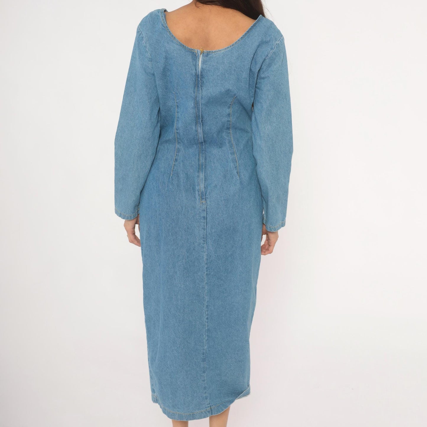 90s Switch USA Light Blue Denim Midi Dress Cotton Long Sleeve Medium M