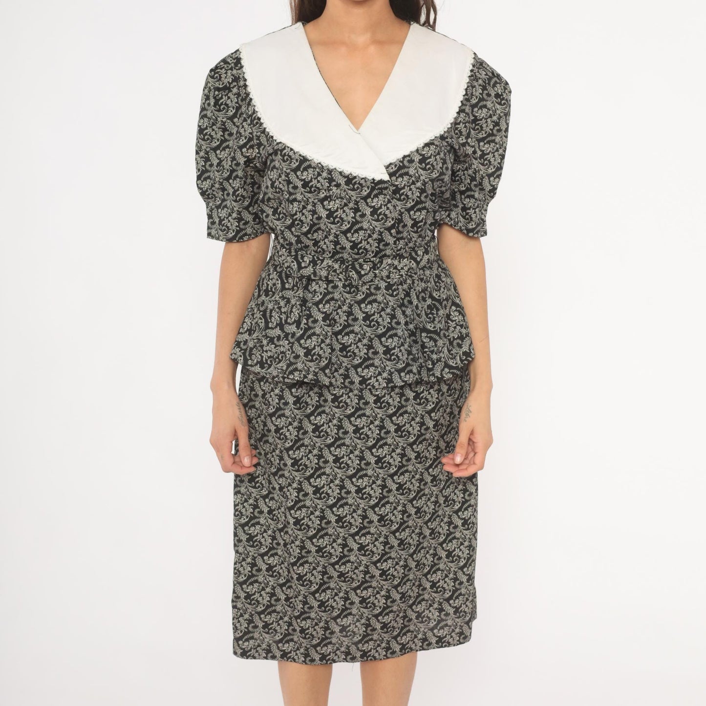 90s Miss Dorby Peplum Dress Black White Scroll Print V-Neck Puff Sleeve Large L
