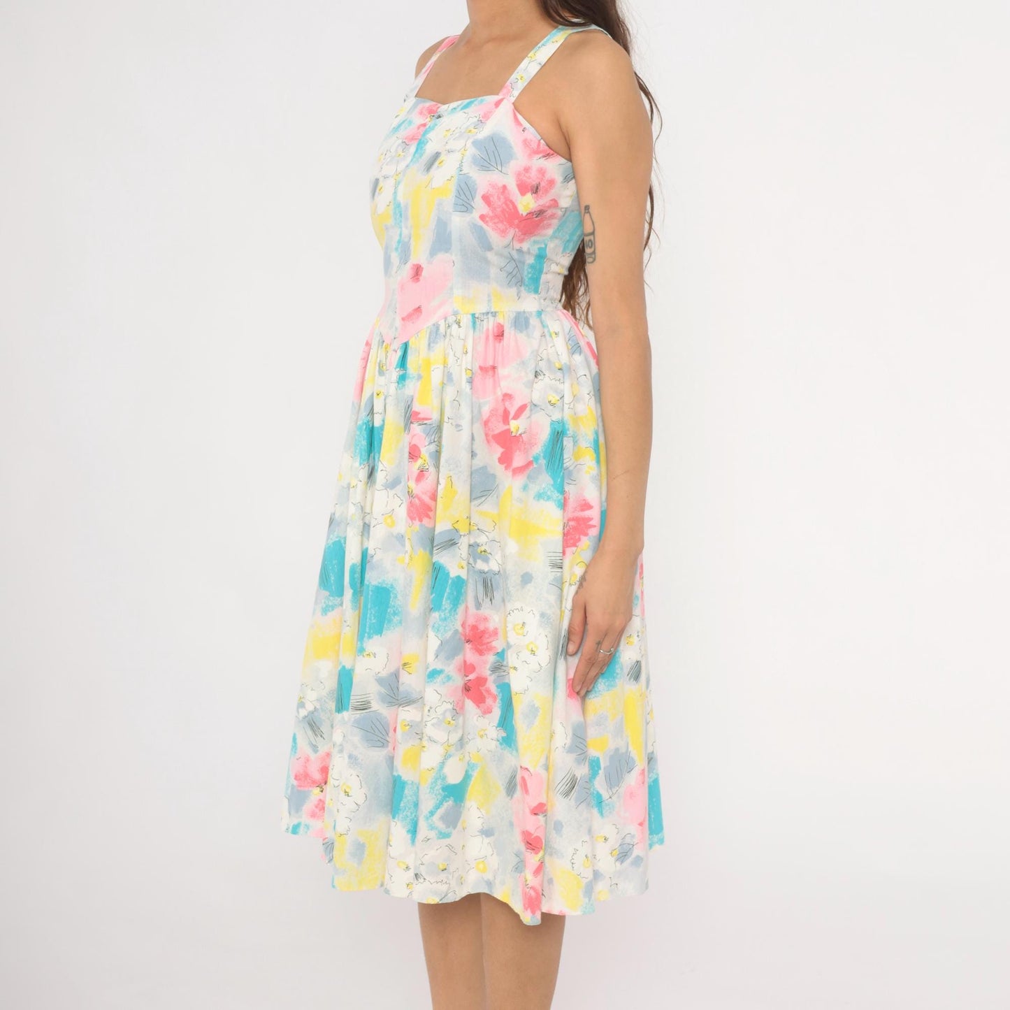 80s Pea Patch Watercolor Floral Sundress Sweetheart Basque Waist Small
