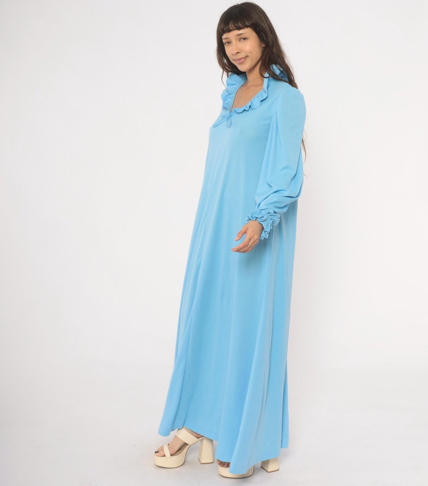 70s Sky Blue Maxi Dress Ruffle Collar Puff Sleeve A-Line Large L