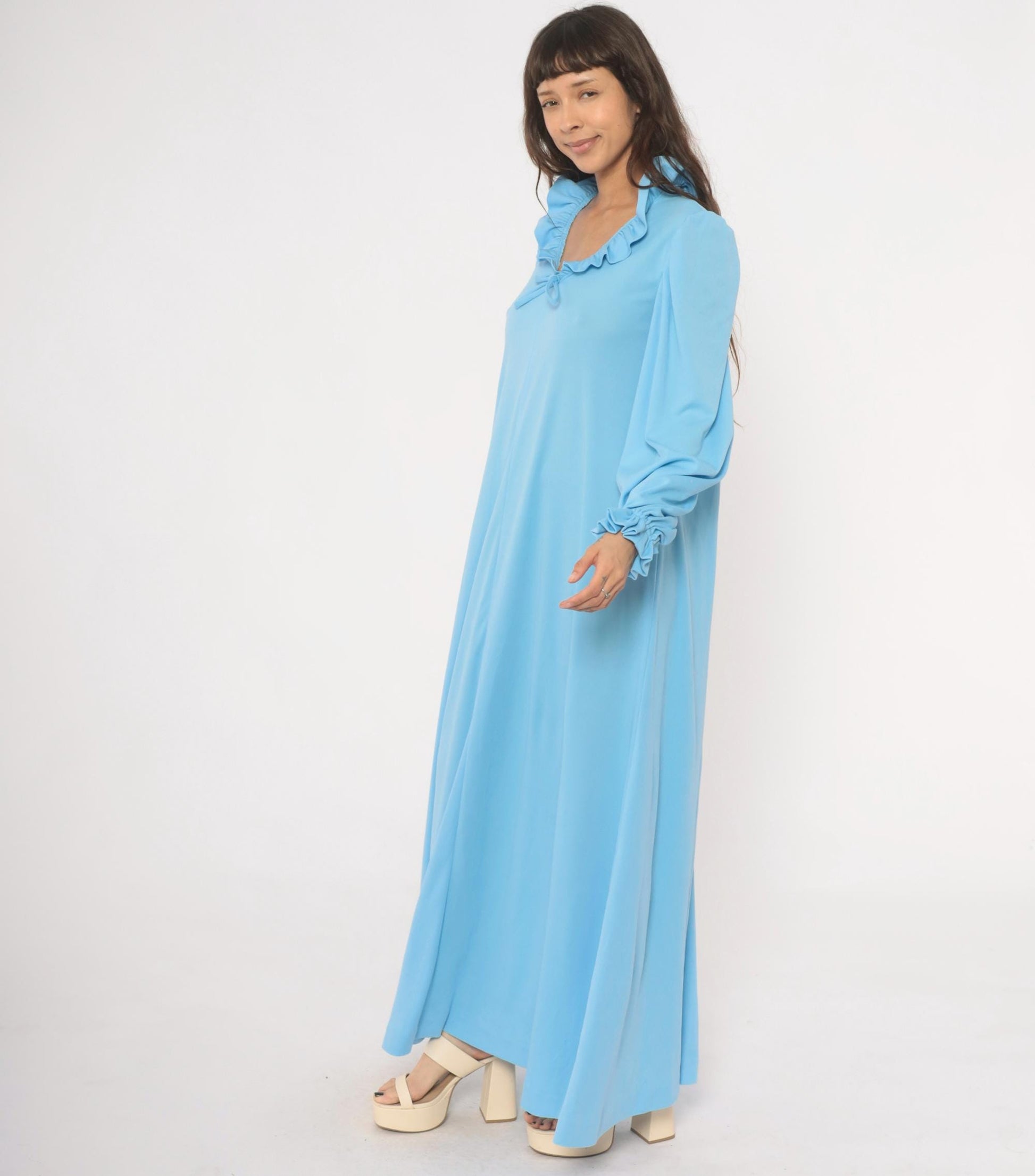 70s Sky Blue Maxi Dress Ruffle Collar Puff Sleeve A-Line Large L