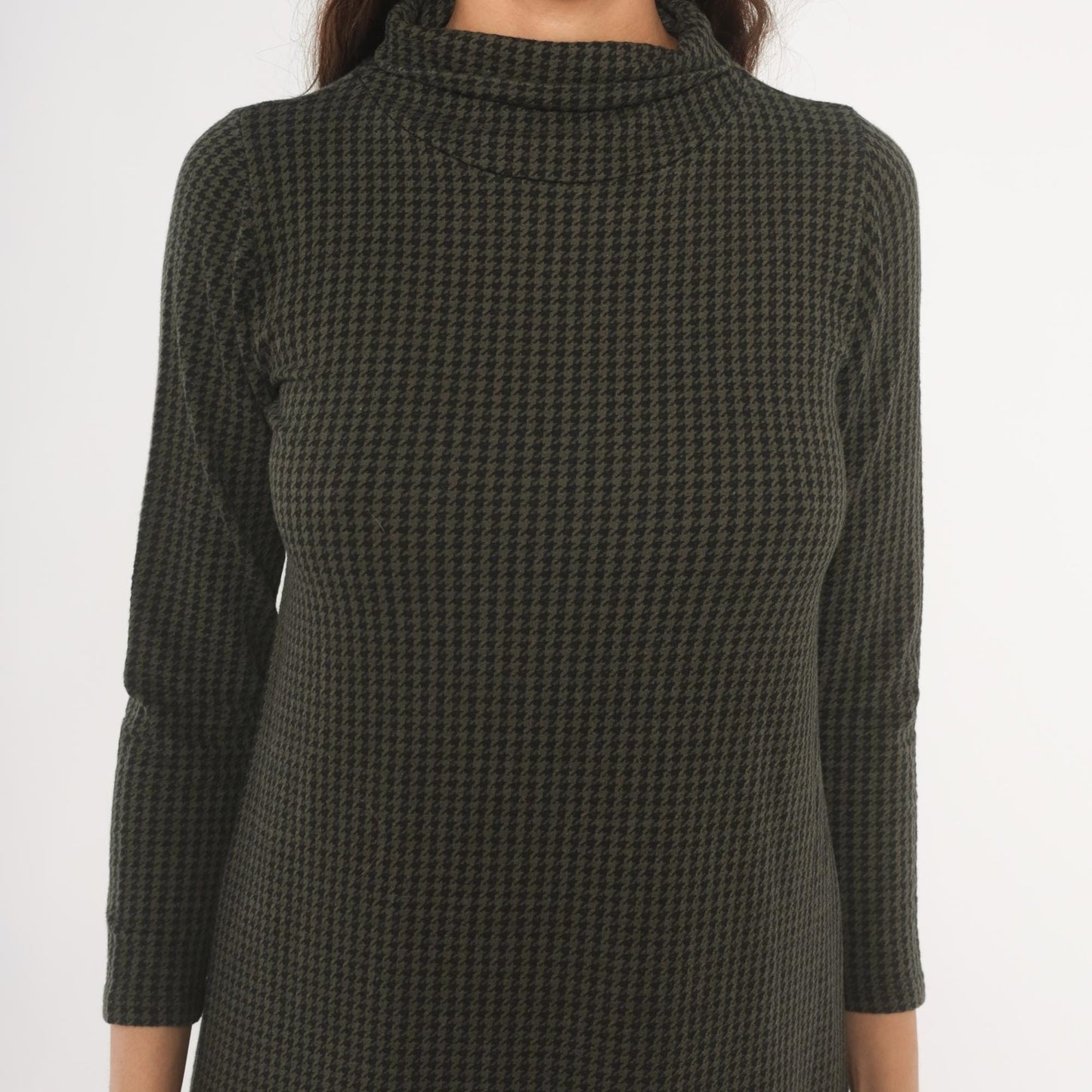 90s JP Houndstooth Maxi Dress Olive Black Funnel Neck Drop Waist Medium M
