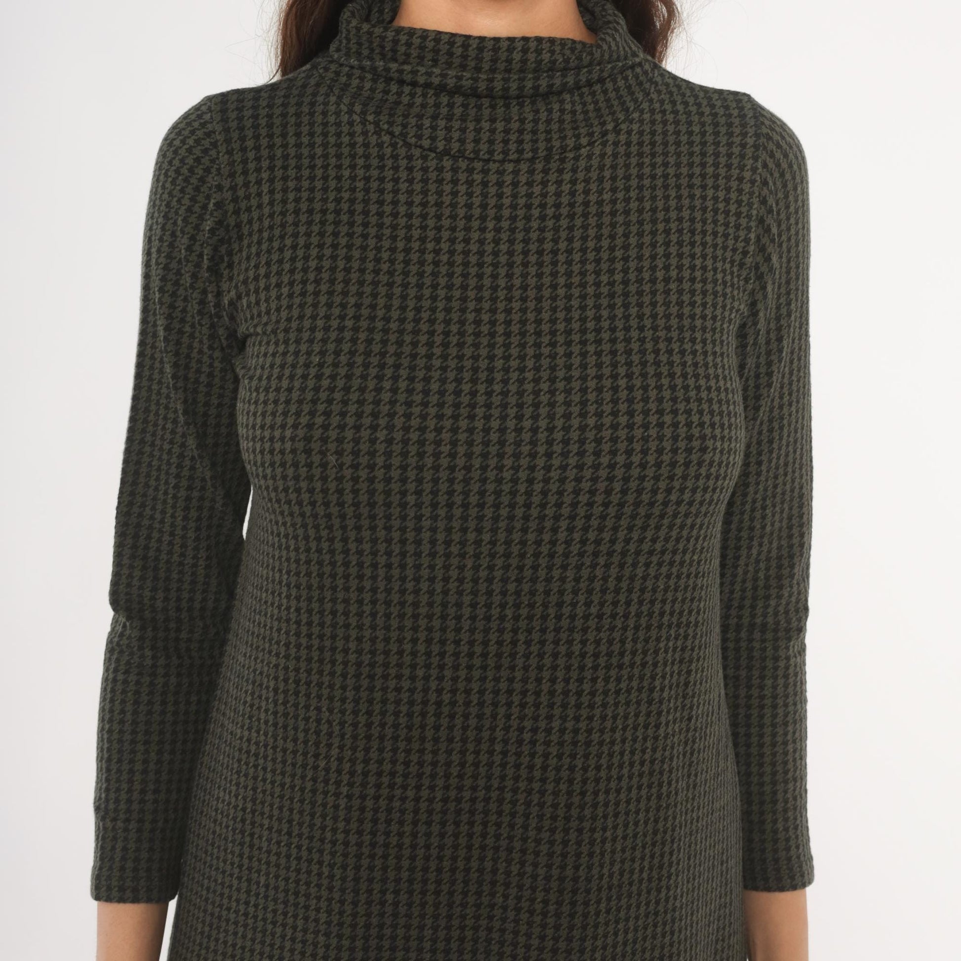 90s JP Houndstooth Maxi Dress Olive Black Funnel Neck Drop Waist Medium M