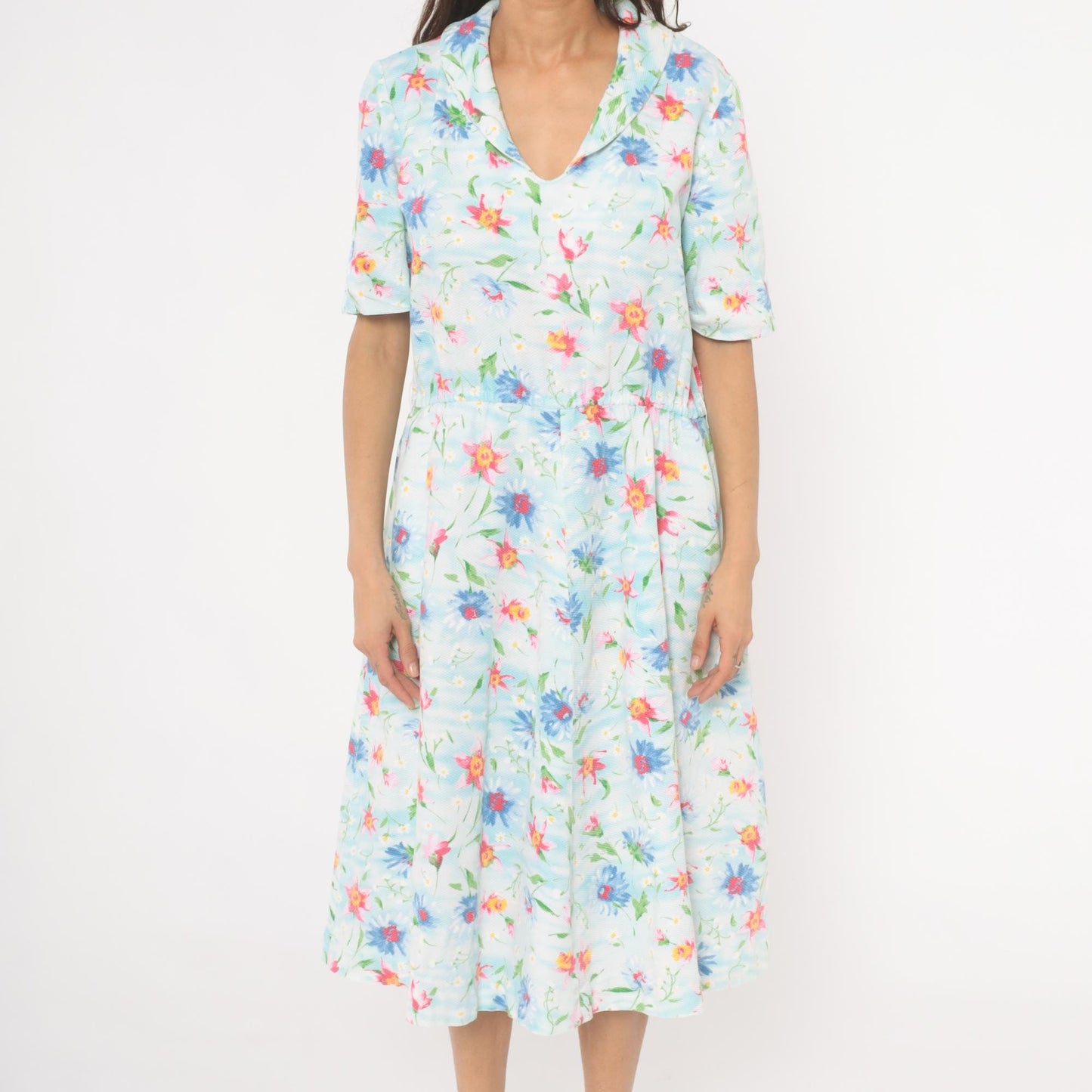 90s Light Blue Wildflower Cotton Midi Dress Pink Floral Gathered Waist Large L