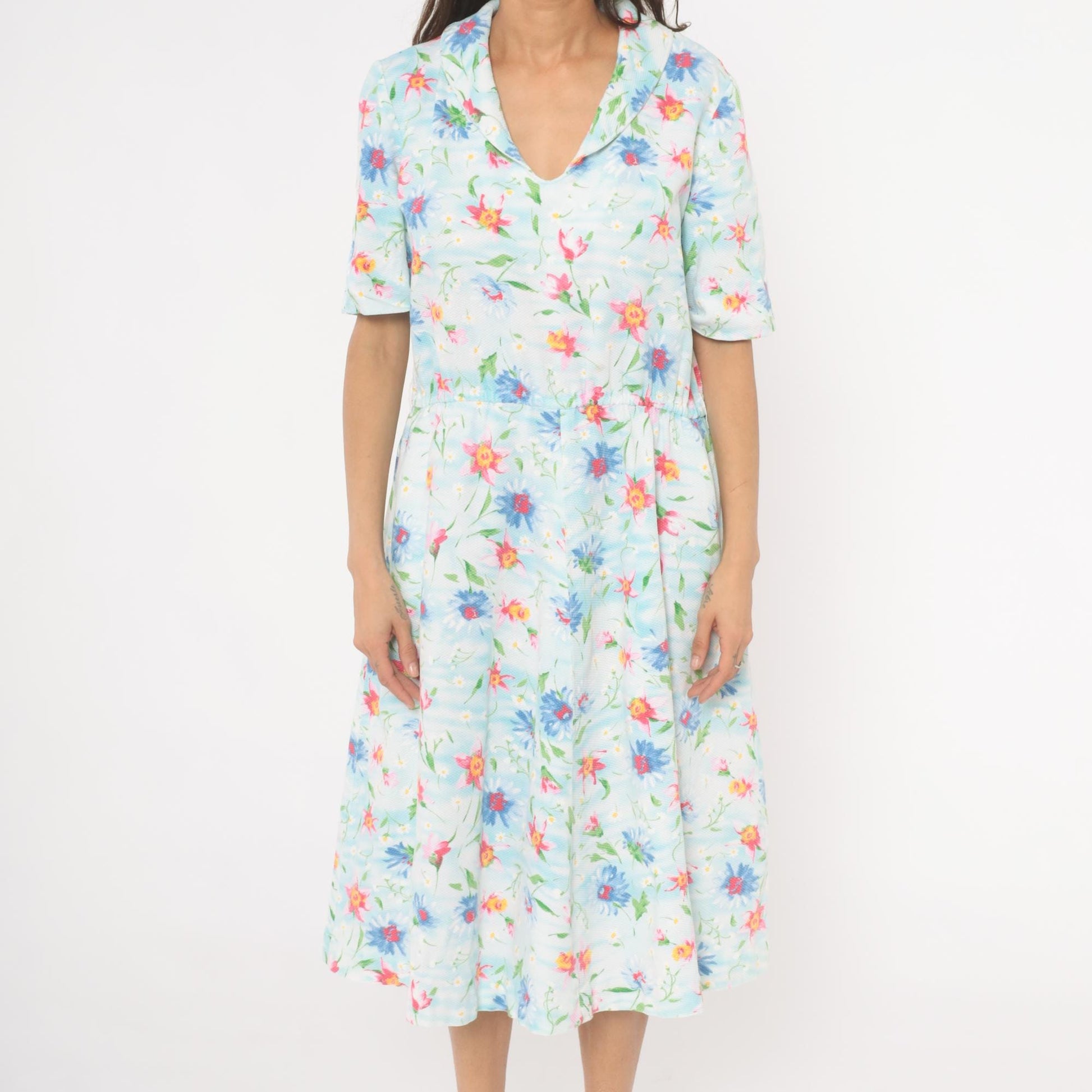 90s Light Blue Wildflower Cotton Midi Dress Pink Floral Gathered Waist Large L