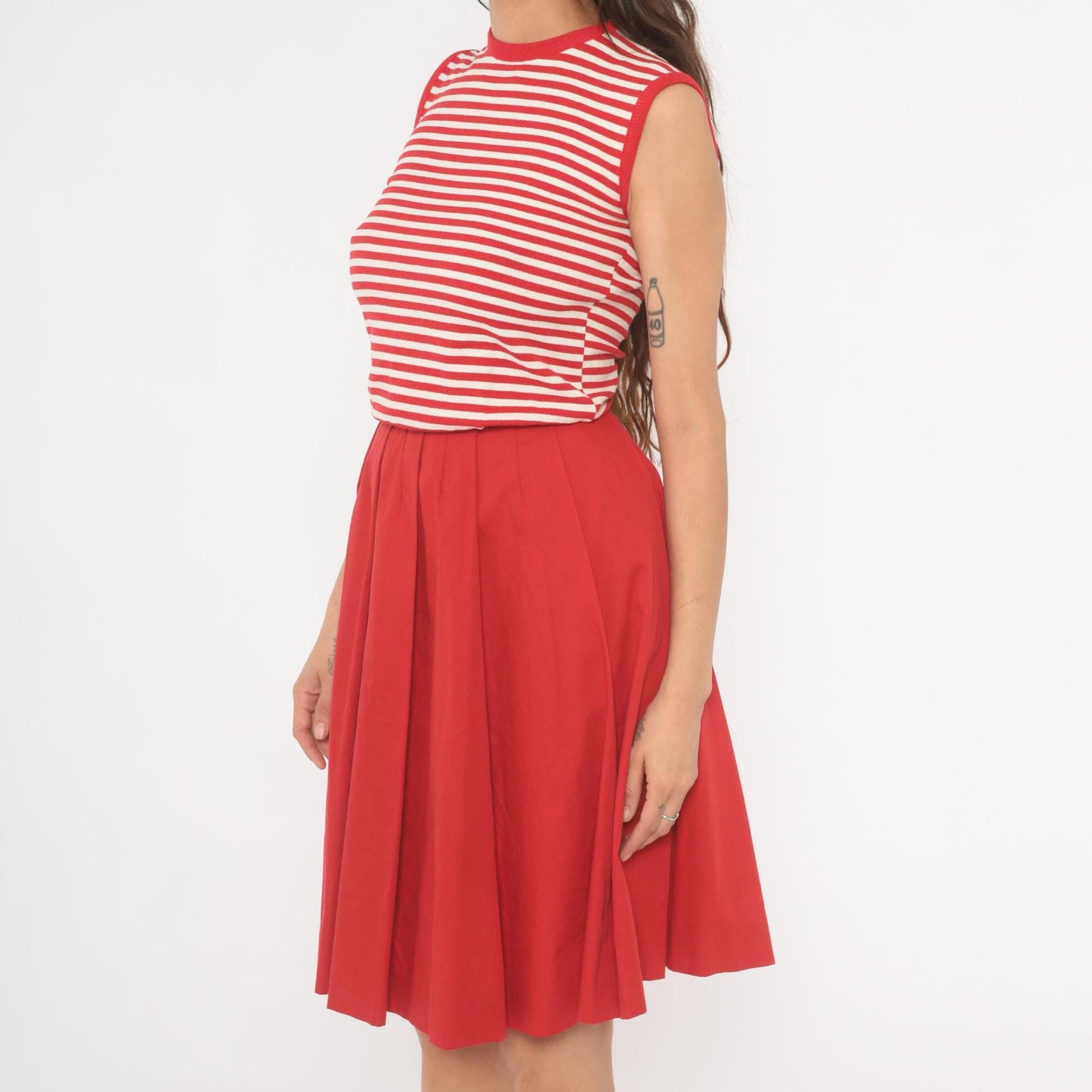 70s Country Set Red White Striped Sleeveless Dress Pleated Skirt Extra Small XS