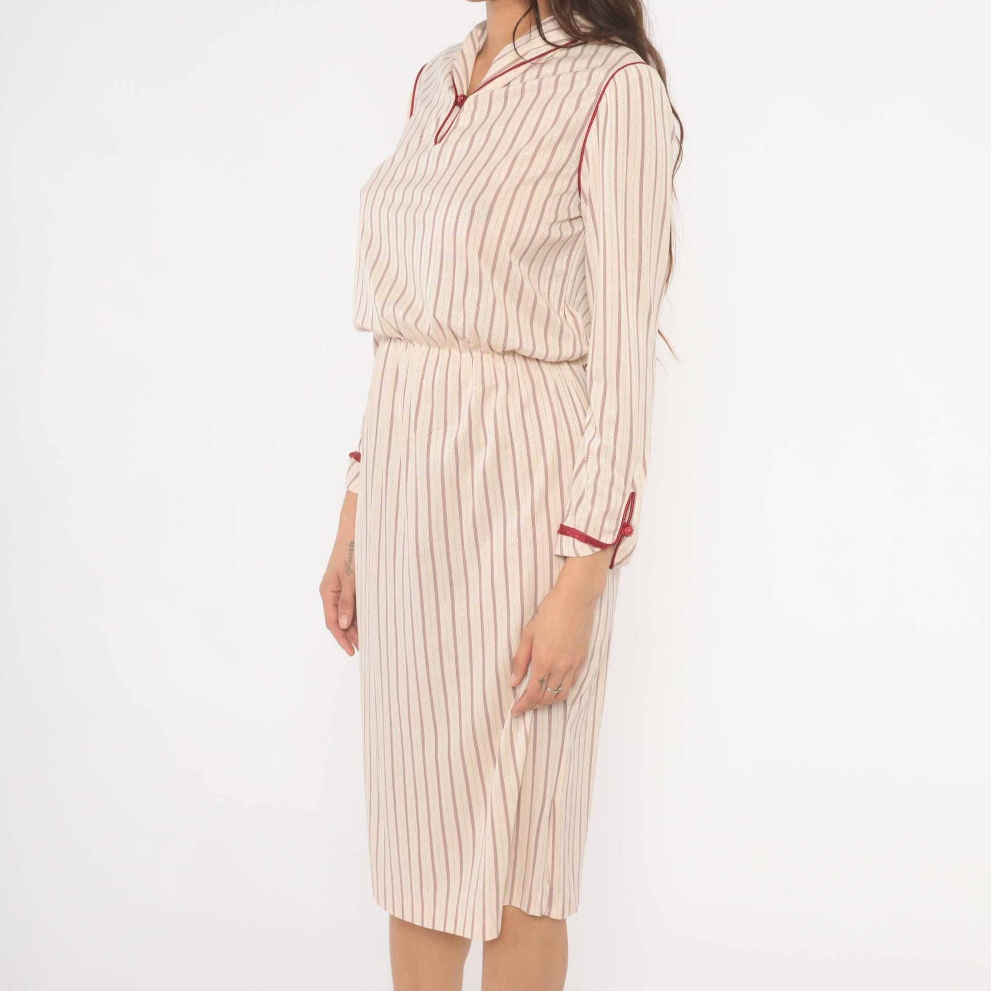 80s Striped Blouson Dress Cream Burgundy Keyhole Neckline Knee Length Small S