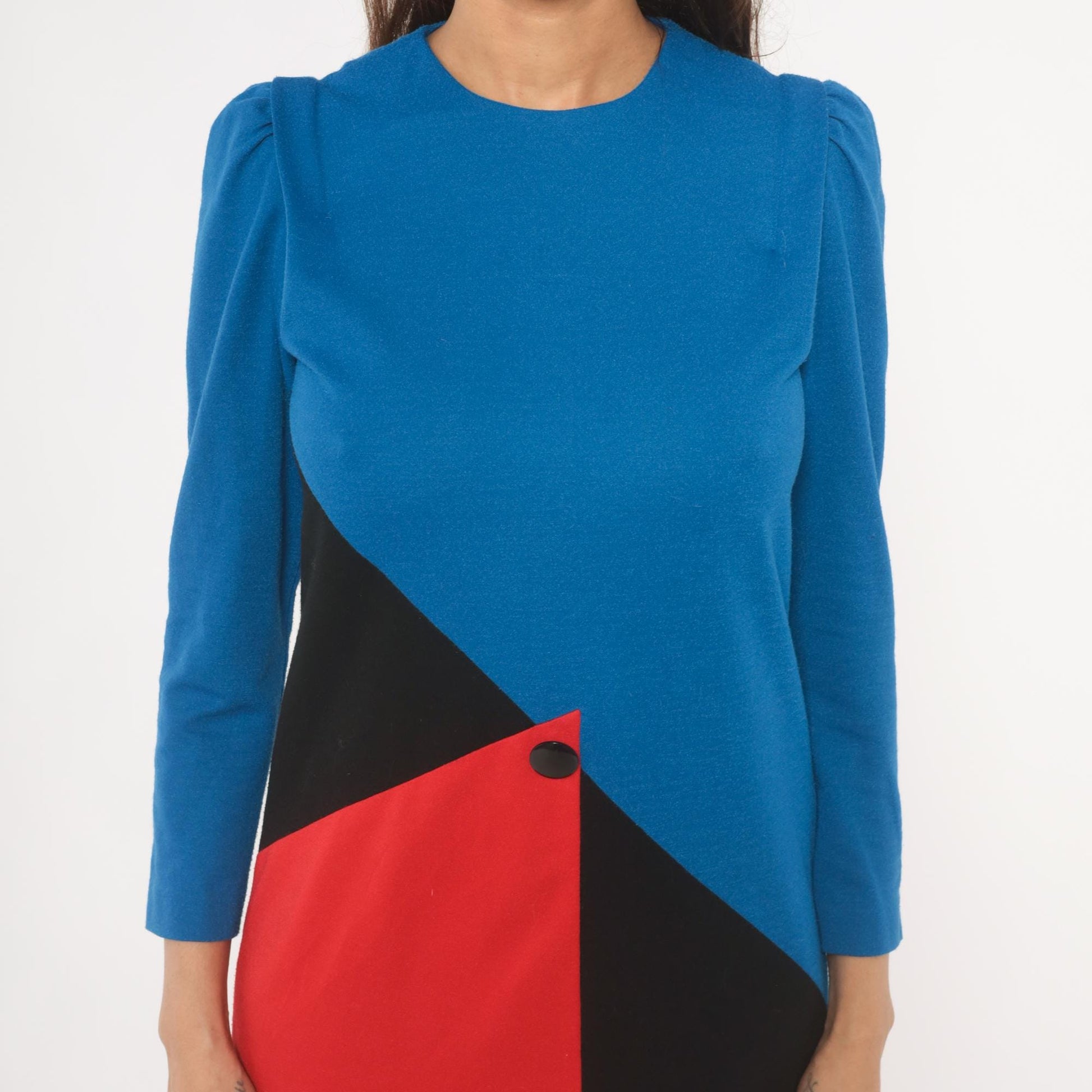 80s Leslie Fay Color Block Dress Cobalt Blue Red Black Geometric Knee Length Small S