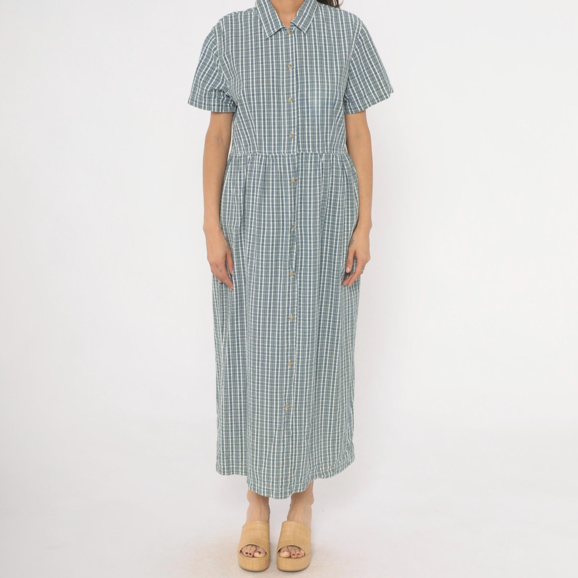 90s Studio Works Blue Plaid Cotton Maxi Shirtdress Medium