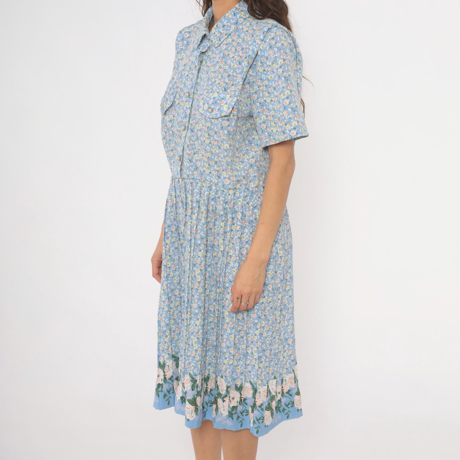 90s Breli Originals Floral Shirtdress Sky Blue Midi Pleated Skirt Large L